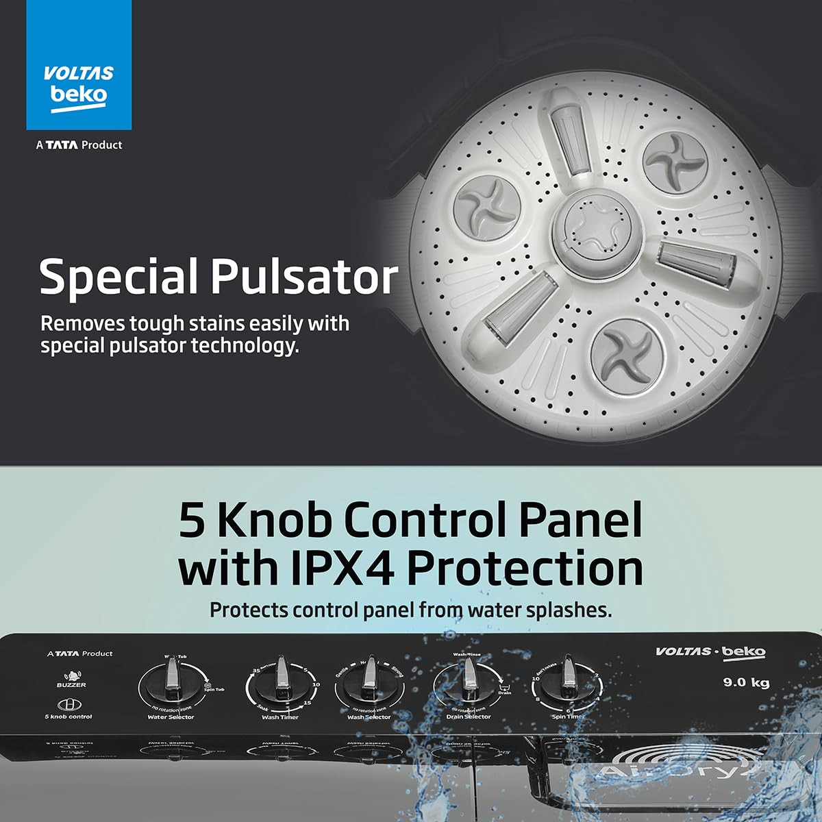 Voltas Beko A Tata Product 9 Kg 5 Star Semi-Automatic Top Loading Washing Machine WTT90UHAOK5B1B1S23 Black Pulsator Wash Method and Double waterfall technology