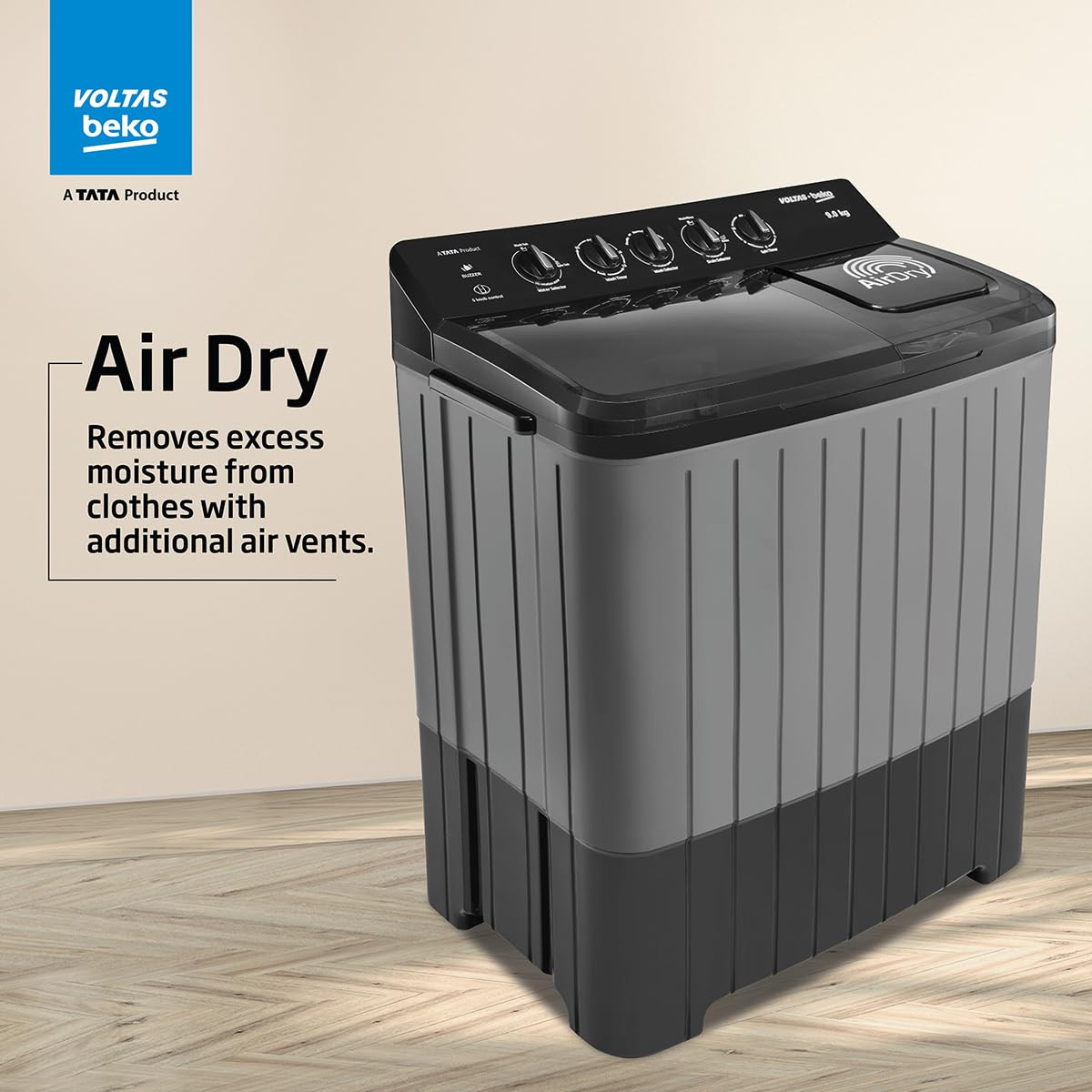 Voltas Beko A Tata Product 9 Kg 5 Star Semi-Automatic Top Loading Washing Machine WTT90UHAOK5B1B1S23 Black Pulsator Wash Method and Double waterfall technology