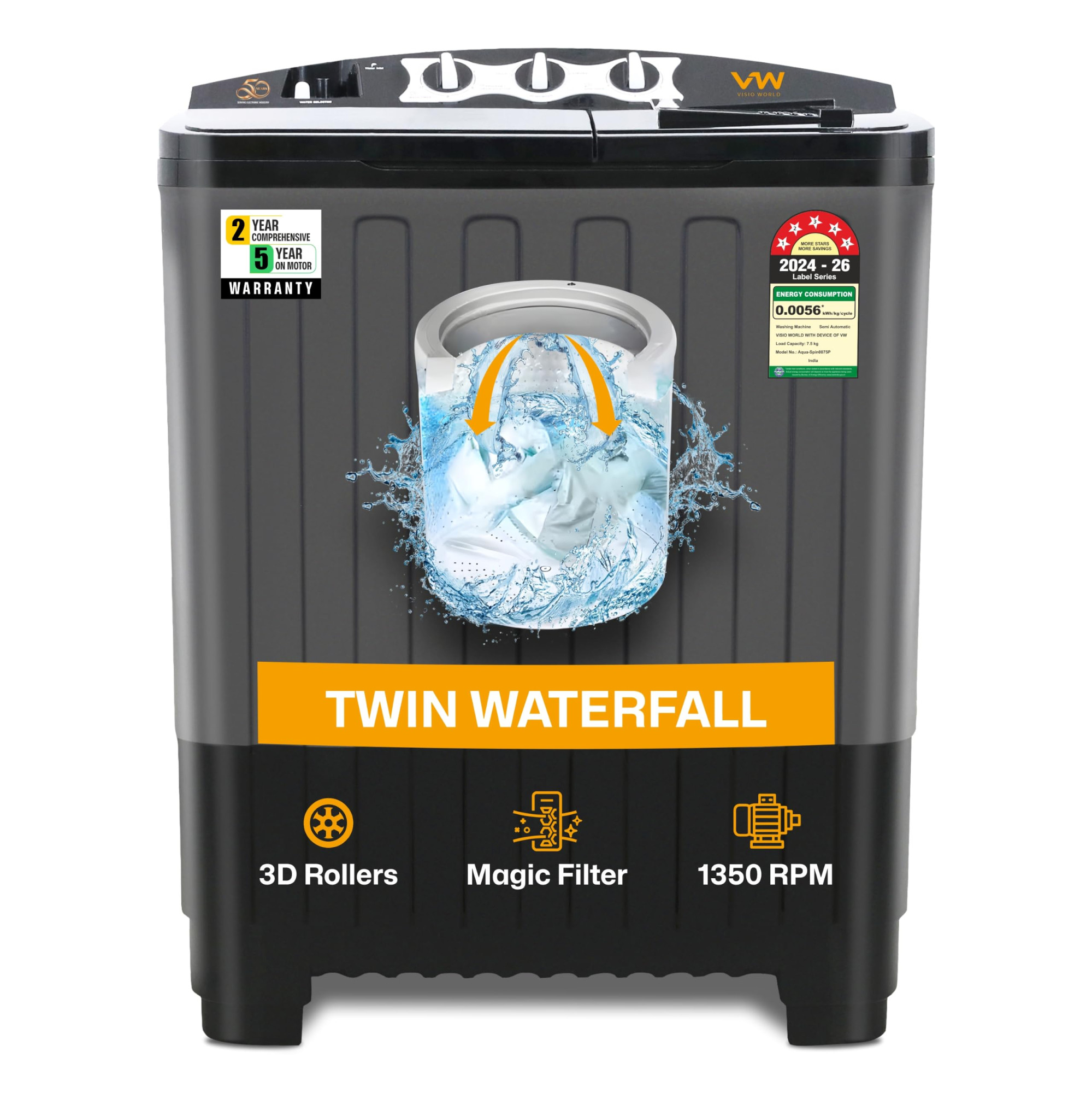 VW 75 kg 5 Star Aqua Spin Semi Automatic Top Load Washing Machine AquaSpin0075P Black