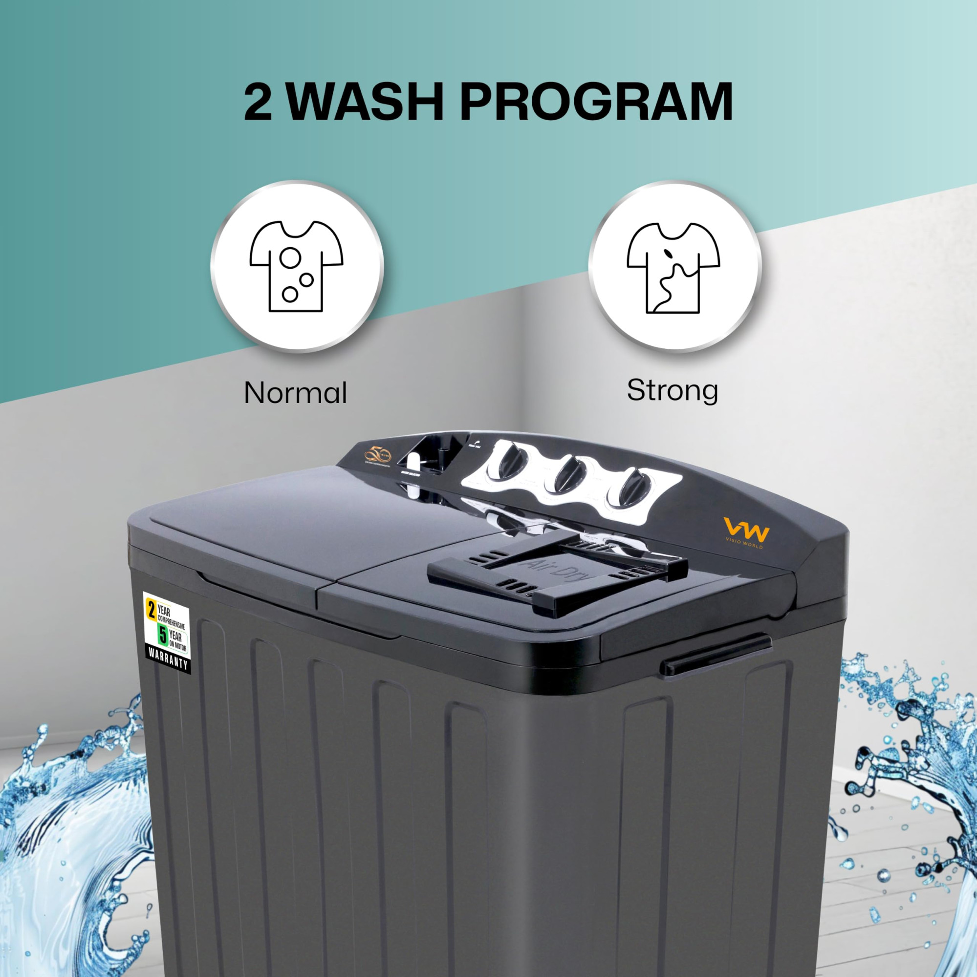 VW 75 kg 5 Star Aqua Spin Semi Automatic Top Load Washing Machine AquaSpin0075P Black