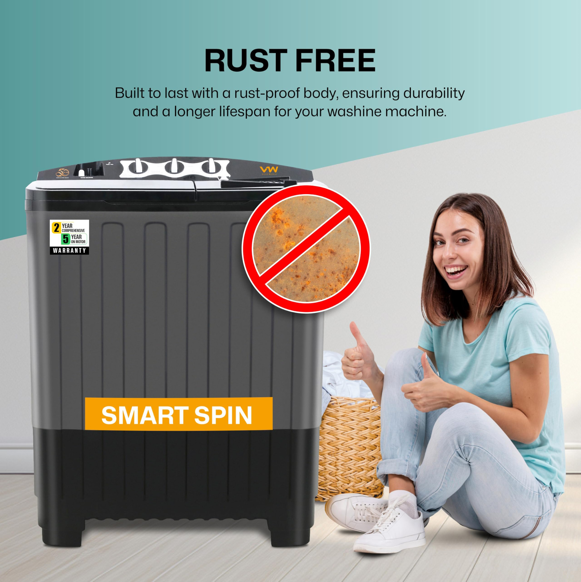 VW 75 kg 5 Star Aqua Spin Semi Automatic Top Load Washing Machine AquaSpin0075P Black