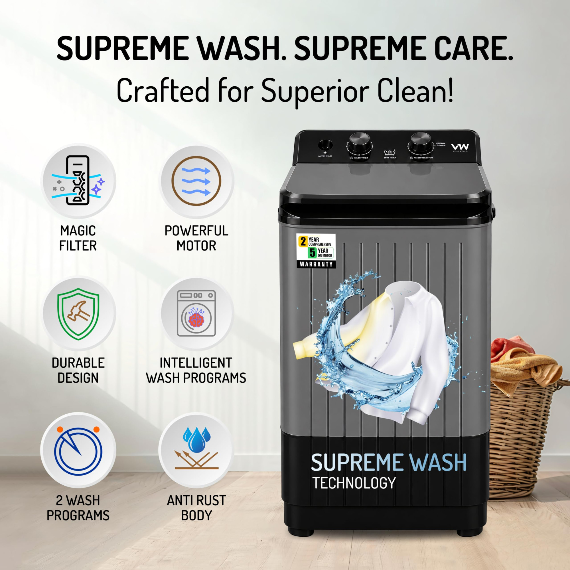 VW 85 kg semiautomatic Top Load Washer Only with Powerful Wash V8 Supreme Wash BlackGrey