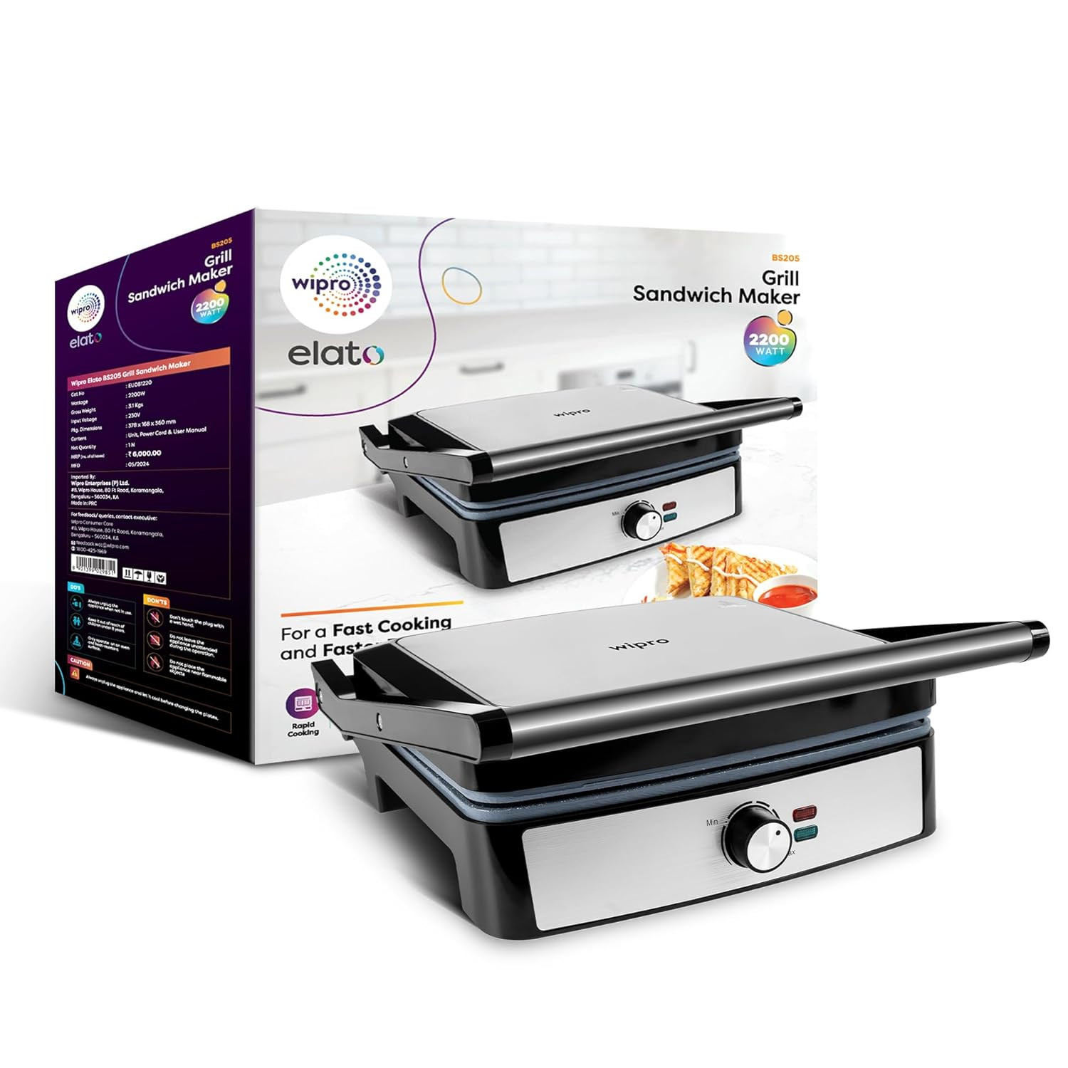 Wipro Elato BS205 2200 Watt Super Jumbo Ceramic Grill Sandwich Maker Multi Heating Modes 180 Open Sandwich GrillerNon-Toxic BPAPTFEPFOAPFAS Free 2 Year WarrantyRegular Bread Size for 4 Slices