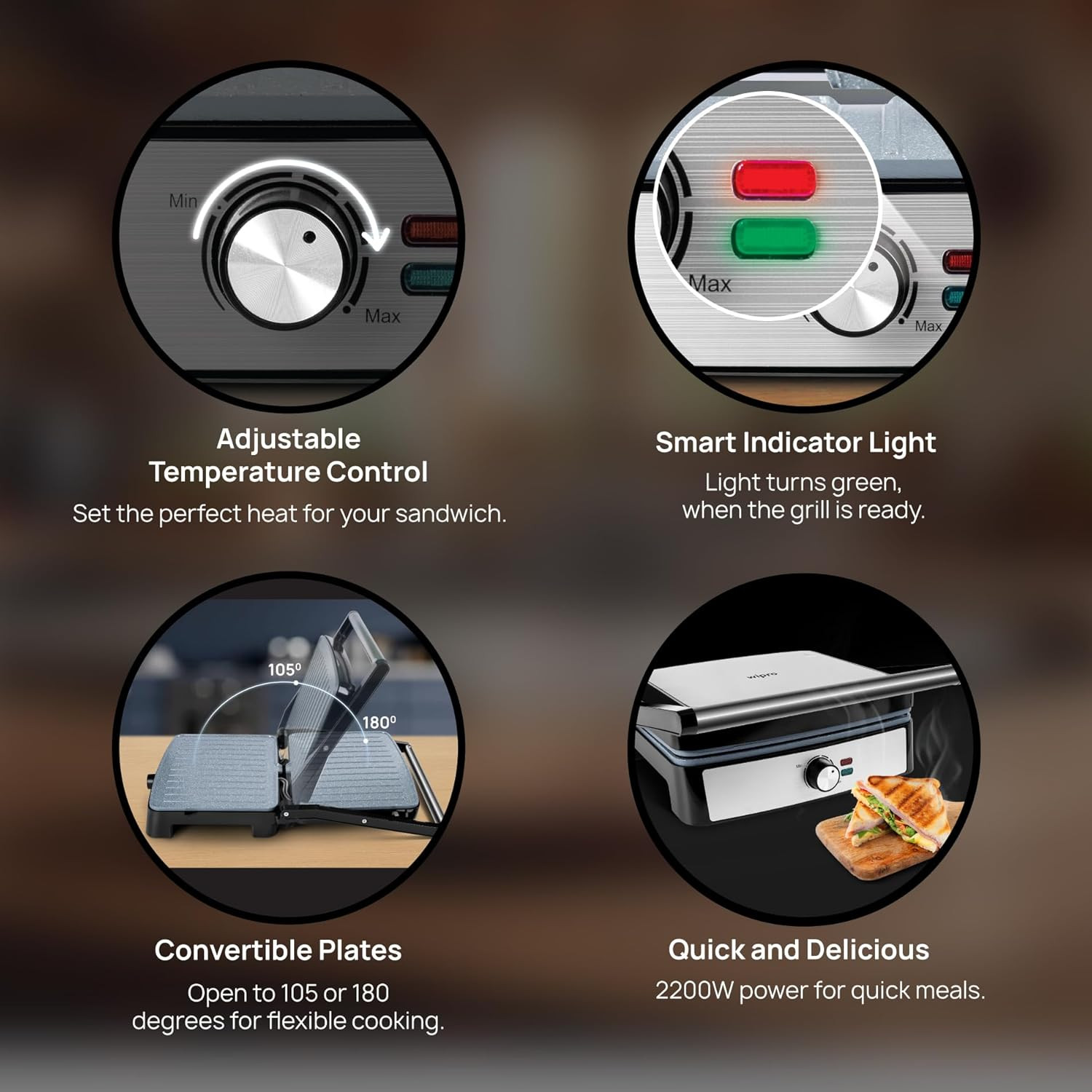 Wipro Elato BS205 2200 Watt Super Jumbo Ceramic Grill Sandwich Maker Multi Heating Modes 180 Open Sandwich GrillerNon-Toxic BPAPTFEPFOAPFAS Free 2 Year WarrantyRegular Bread Size for 4 Slices