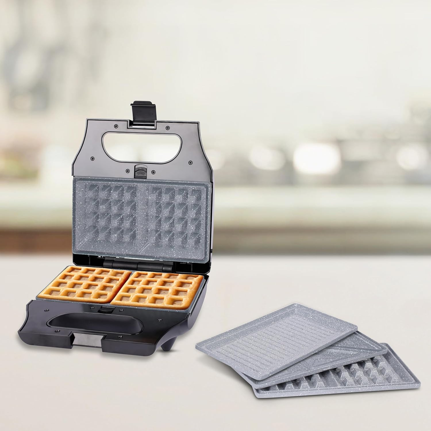 wipro Elato Bs302 800 Watt 3-In-1 Detachable Sandwich Maker Removables Plates For Toaster Griller  Waffle Maker Non-Toxic Ceramic Coating2 Year Warranty Regular Bread Size For 2 Slices Black