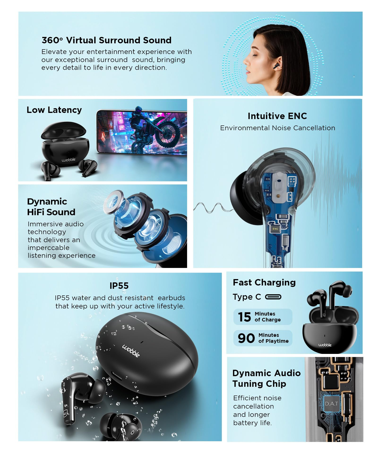 Wobble Beans E08 TWS Intuitive Enc Earbuds with 12Mm DriverQuad MicsDAT Chip360 Surround SoundLow Latency GamingIp55 RatedBluetooth 53Touch Voice ControlsPlayback Upto 35Hrs-in Ear