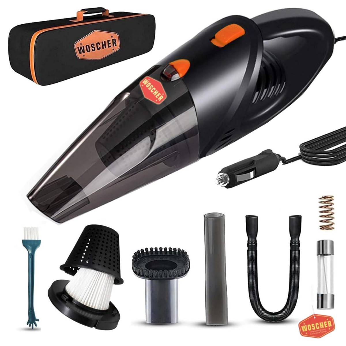 WOSCHER 2003 High Power Auto Car Vacuum Cleaner for Deep Cleaning Hand Held Portable Cars Vacuum for car Cleaning with DC 12V 140W Vacuum Motor 5000 PA Powerful Suction Black