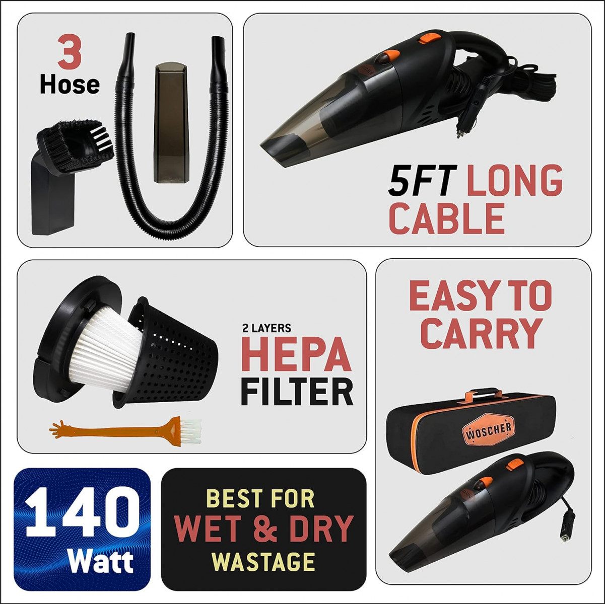 WOSCHER 2003 High Power Auto Car Vacuum Cleaner for Deep Cleaning Hand Held Portable Cars Vacuum for car Cleaning with DC 12V 140W Vacuum Motor  5000 PA Powerful Suction Black