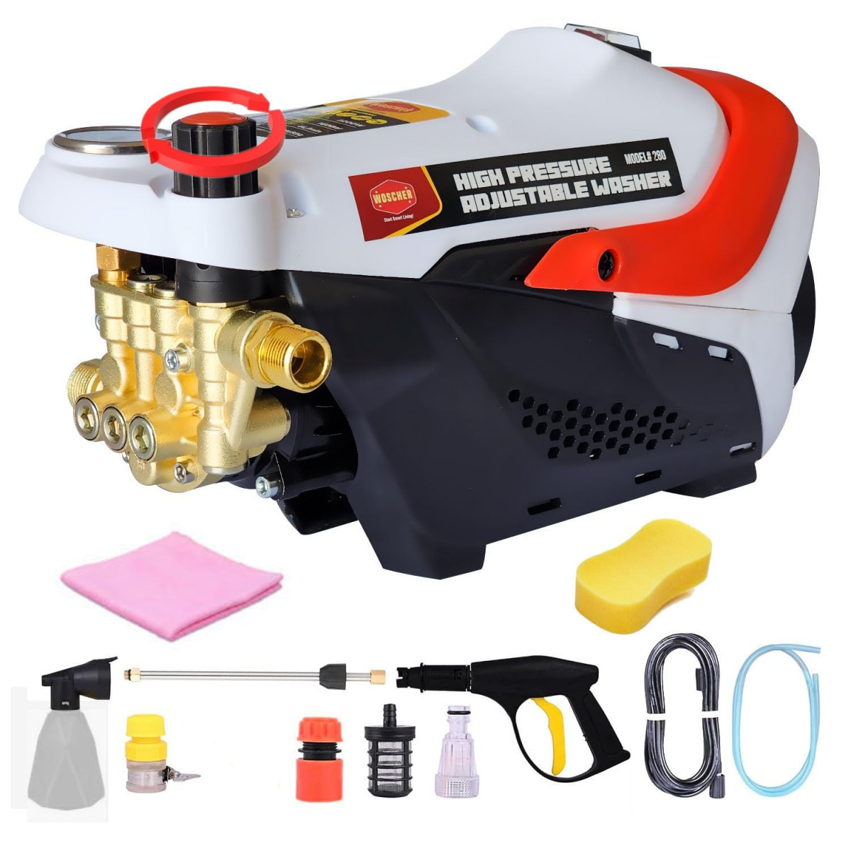 Woscher 280 Waterpro 2200 Watts Car High Pressure Adjustable Washer 160 Bars 8L Min With 8 Metres Outlet Hose Free Cleaning Sponge Microfiber Cloth 1 Year 6 Months Warranty by Manufacturer