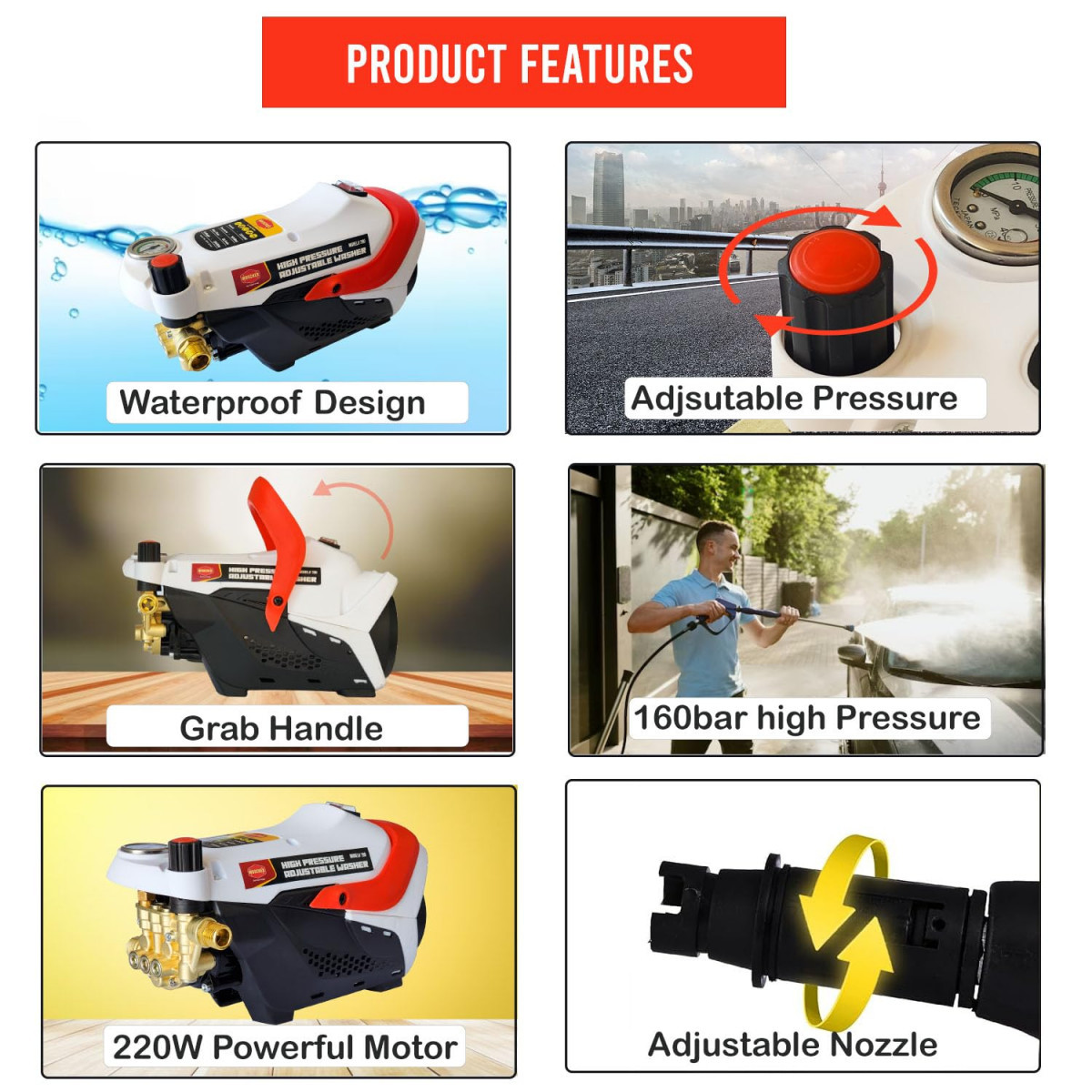 Woscher 280 Waterpro 2200 Watts Car High Pressure Adjustable Washer 160 Bars 8L Min With 8 Metres Outlet Hose Free Cleaning Sponge Microfiber Cloth 1 Year 6 Months Warranty by Manufacturer