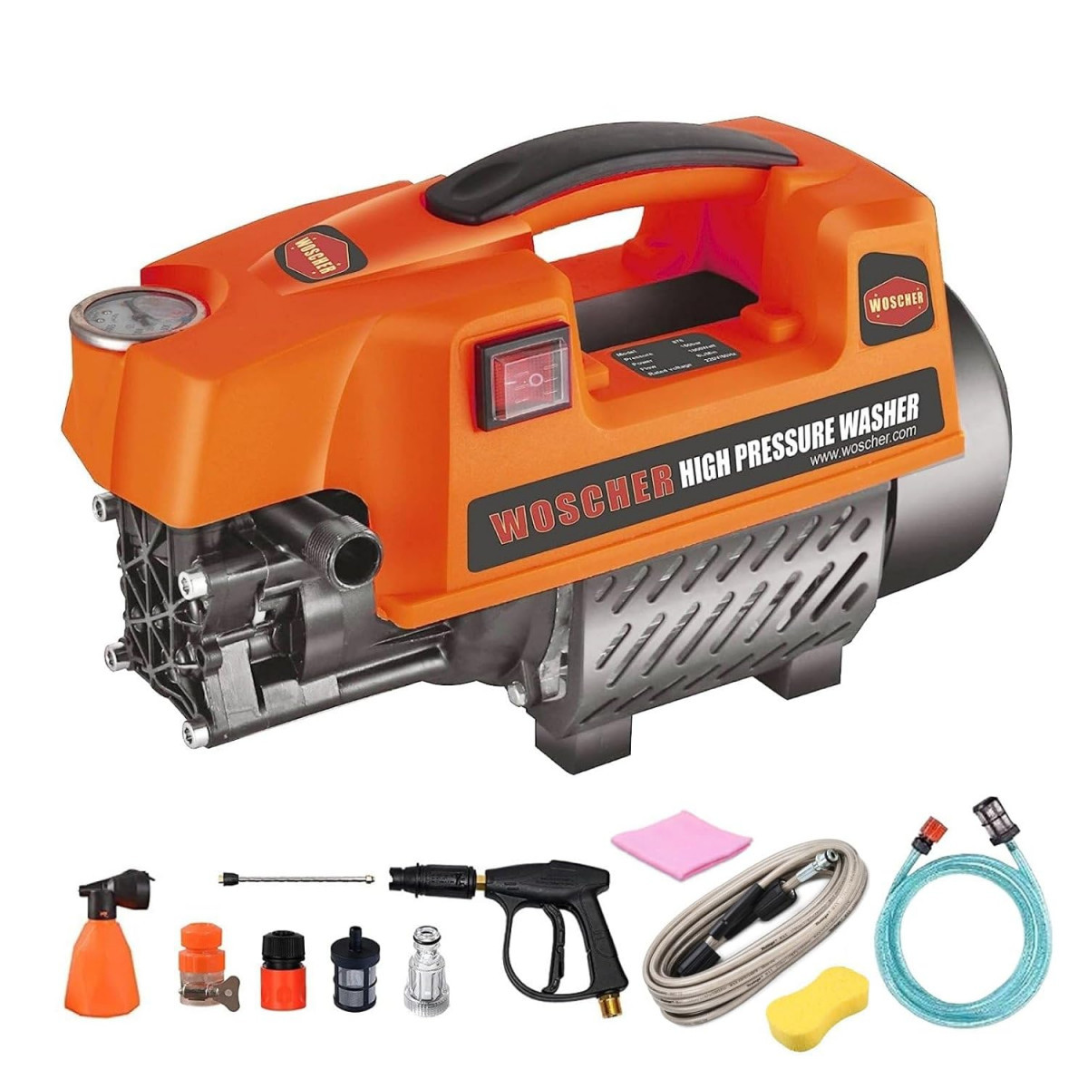 Woscher 878 Waterpro Washer High Pressure Washer Pump Machine1800 Watts 150 Bars 8L Min Water Flow Rate8 Metres Outlet Hose Portable for Car Bike and Home Cleaning Purpose Black Orange