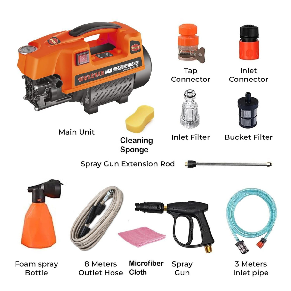 Woscher 878 Waterpro Washer High Pressure Washer Pump Machine1800 Watts 150 Bars 8L Min Water Flow Rate8 Metres Outlet Hose Portable for Car Bike and Home Cleaning Purpose Black Orange