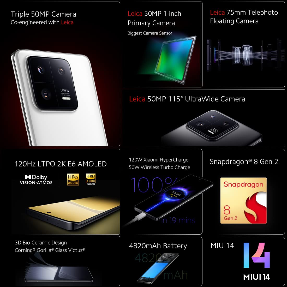 Xiaomi 13 Pro Ceramic Black 12GB RAM 256GB Storage Leica Professional 50MP Triple Camera Biggest Camera Sensor 1 IMX989 SD 8 Gen 2