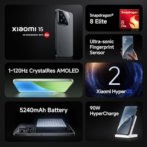 Xiaomi 15 Black 12GB512GB 50 MP Leica Triple Camera SD 8 Elite 15K CrystalRes Dynamic 1-120 Hz AMOLED Hyper AI
