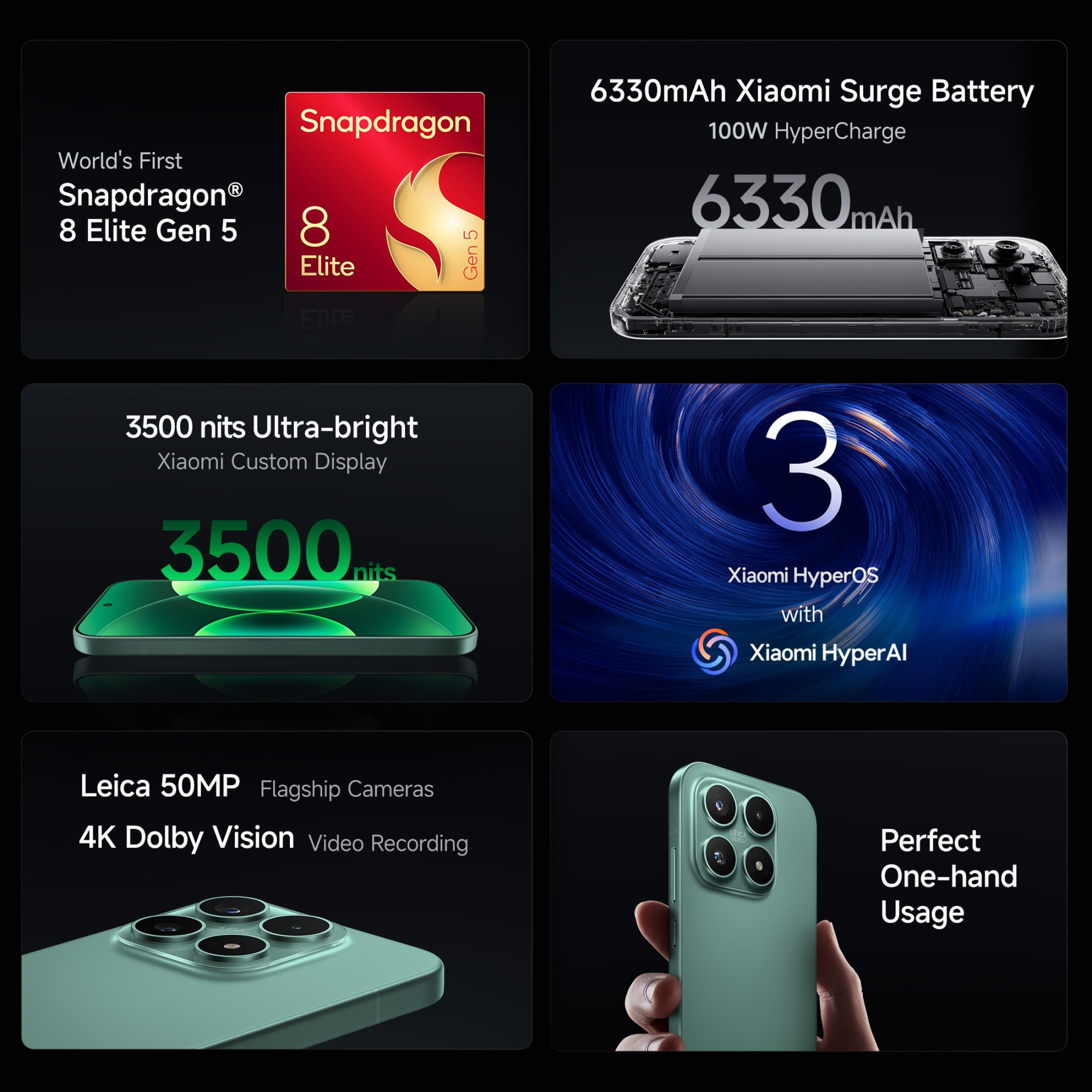 XIAOMI 17 12GB512GB50MP Leica Triple CameraSnapdragon 8 Elite Gen 563 CrystalRes 1-120Hz AMOLED6330mAh Battery100W HyperCharge HyperOS 33500nits Display Green