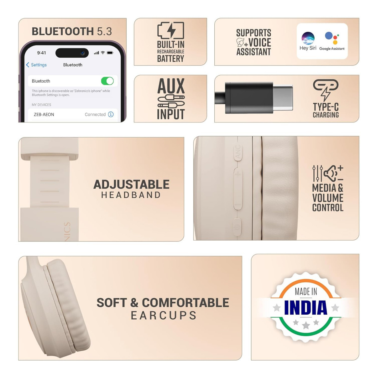 ZEBRONICS New Launch AEON Wireless Headphone with 110h Battery Backup Beige