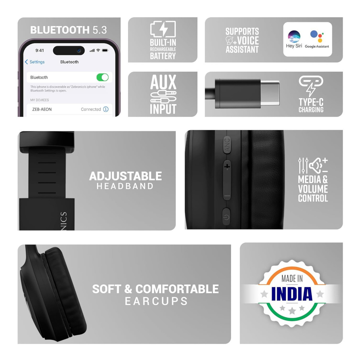 ZEBRONICS New Launch AEON Wireless Headphone with 110h Battery Backup Black