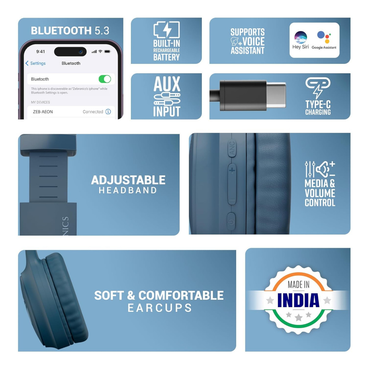 ZEBRONICS New Launch AEON Wireless Headphone with 110h Battery Backup Blue