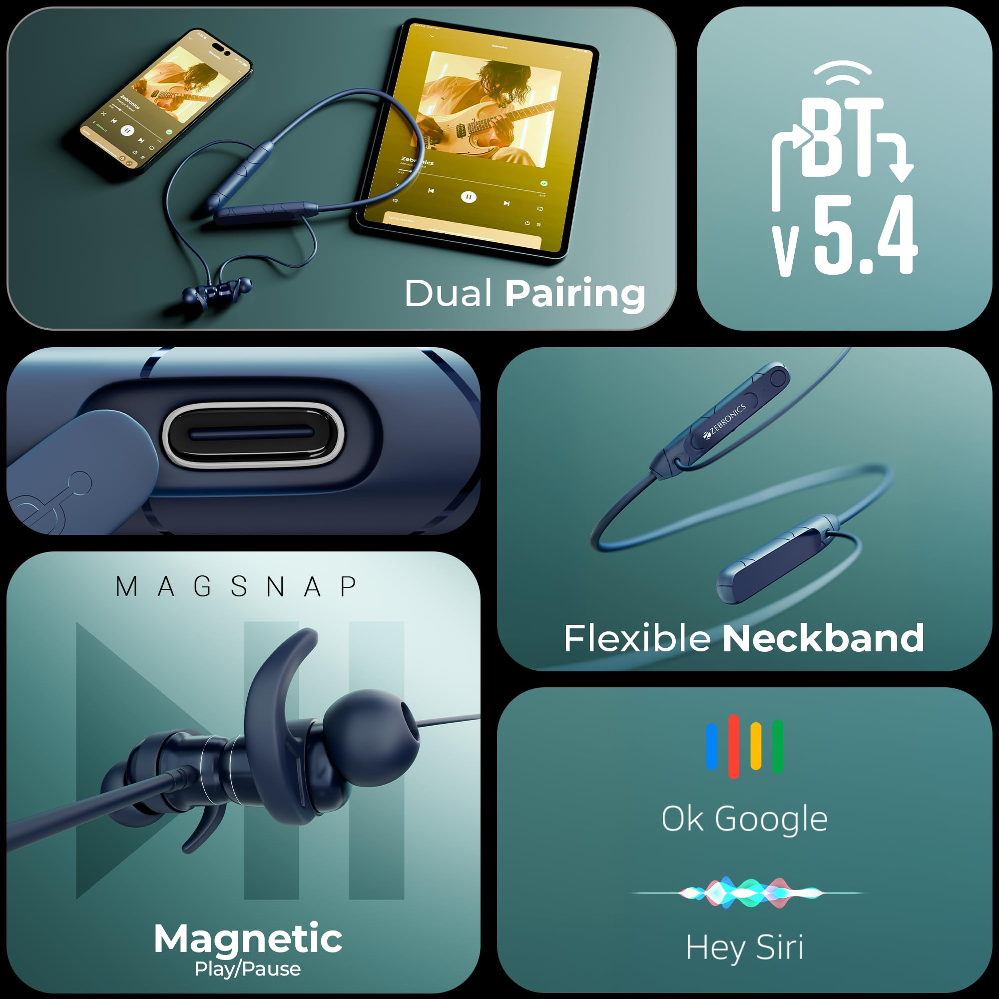 ZEBRONICS RAGA F2 Bluetooth Neckband in Ear 22 Hours Playback ENC Rapid Charging Dual Pairing Magsnap Magnetic Play Pause 2 EQ Modes Bluetooth v54 Call Function Gaming Mode Blue