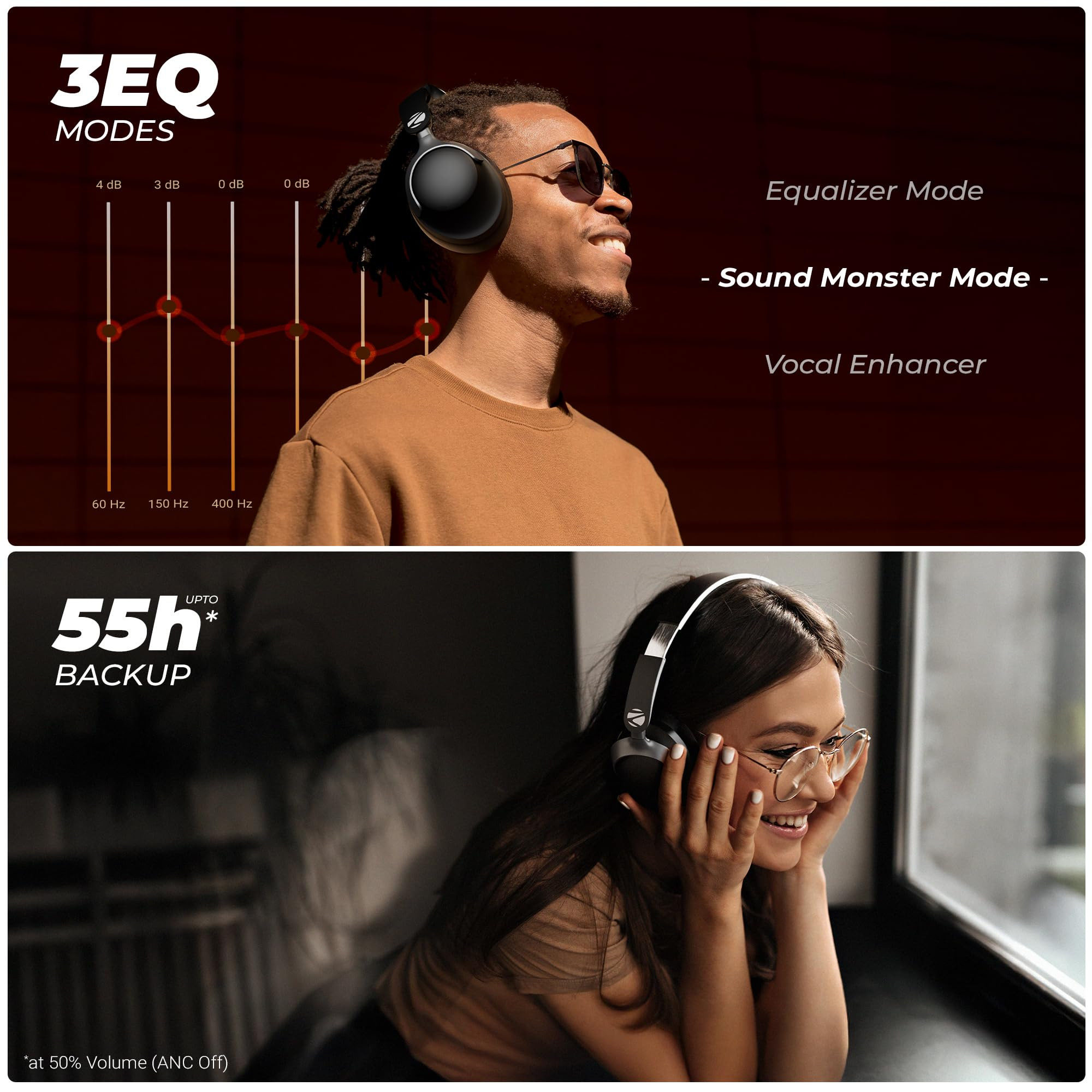 ZEBRONICS SILENCIO 111 Wireless Headphone Hybrid ANC 50dB 55Hrs Backup Transparency Mode 40mm Titanium Drivers 3 EQ Modes ENC Gaming Mode Dual Pairing Rapid Charge Bluetooth v54 Black