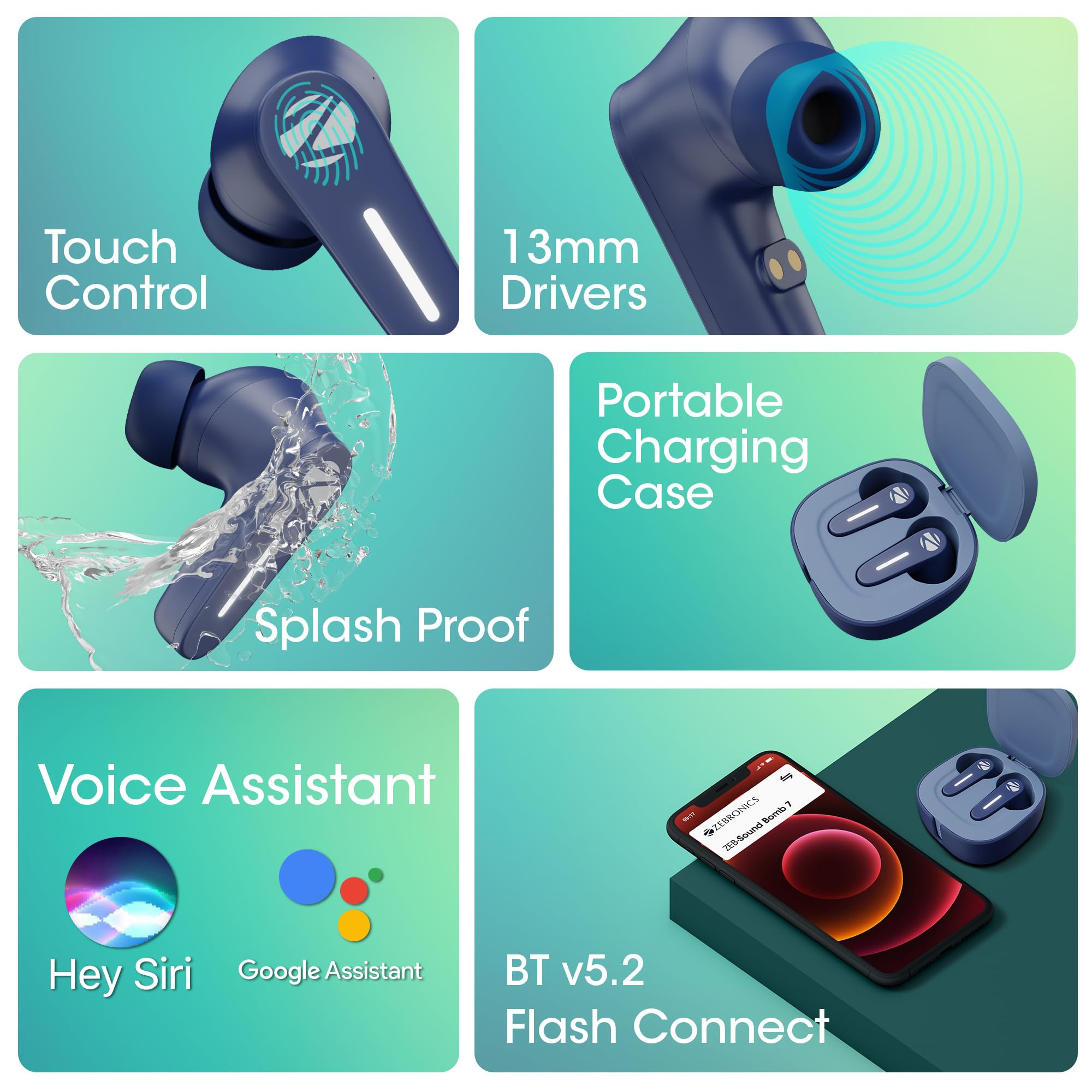 Zebronics Sound Bomb 7 Bluetooth TWS in Ear Earbuds with 60H Playtime ENC Mic Rapid Charge Upto 50ms Gaming Mode Flash Connect Voice Assistant Smooth Touch Control BT v52 Type C Blue