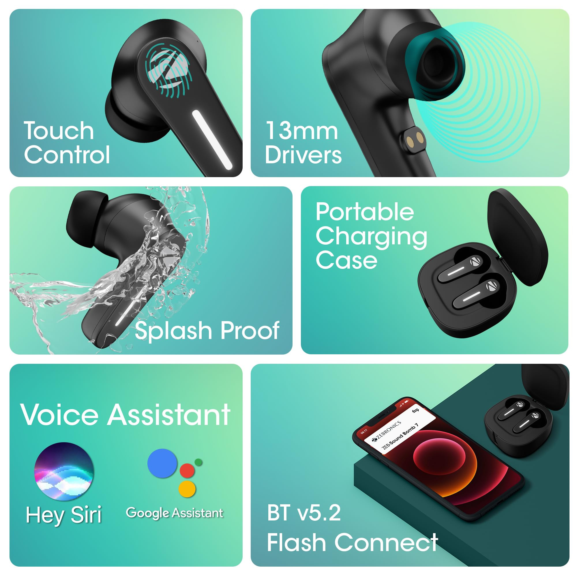 ZEBRONICS Sound Bomb 7 Bluetooth TWS in Ear Earbuds with 60H Playtime ENC Mic Rapid Charge Upto 50ms Gaming Mode Flash Connect Voice Assistant Smooth Touch Control BT v52 Type C Black