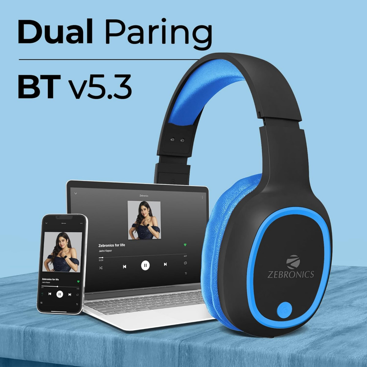 Zebronics Thunder Bluetooth 53 Over Ear Wireless Headphones Blue
