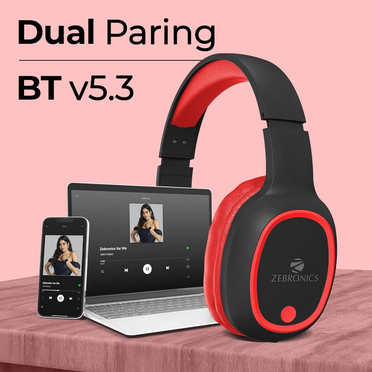Zebronics Thunder Bluetooth 53 Over Ear Wireless Headphones Red