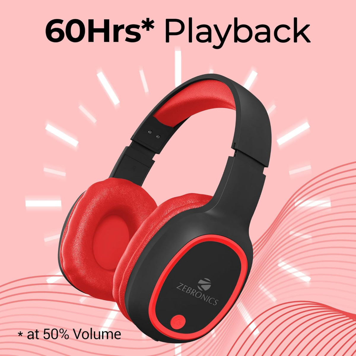 Zebronics Thunder Bluetooth 53 Over Ear Wireless Headphones Red
