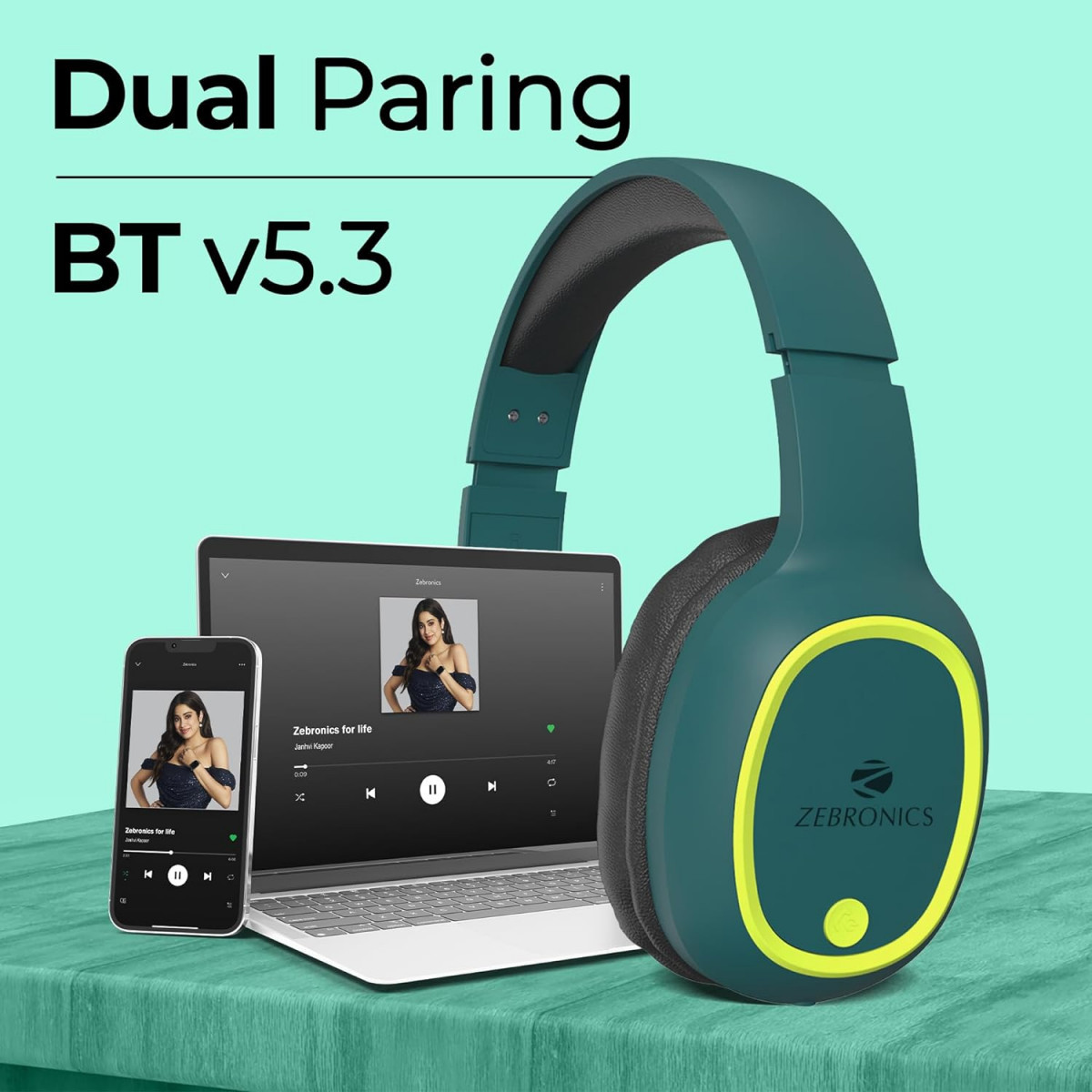 ZEBRONICS Thunder Bluetooth 53 Over Ear Wireless Headphones Teal Green