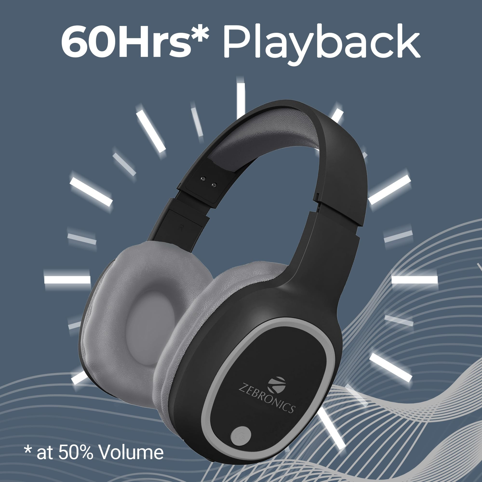 ZEBRONICS THUNDER Bluetooth 53 Wireless Headphones with 60H Backup Gaming Mode Dual Pairing ENC AUX Micro SD Voice assistant Comfortable Earcups Call FunctionBlack