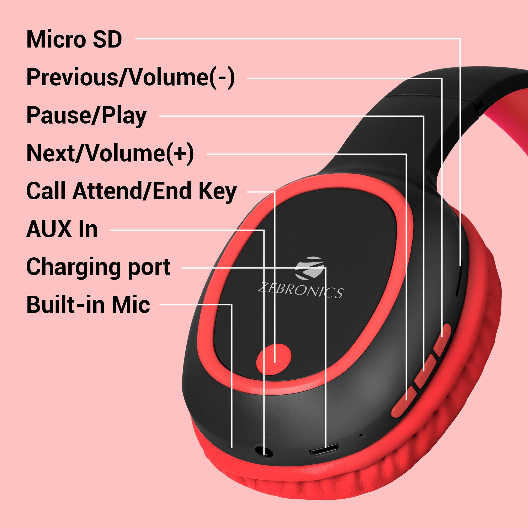 ZEBRONICS Thunder Bluetooth 53 Wireless Over Ear Headphones with 60H Backup Gaming Mode Dual Pairing Enc Aux Micro Sd Voice Assistant Comfortable Earcups Call Function Red