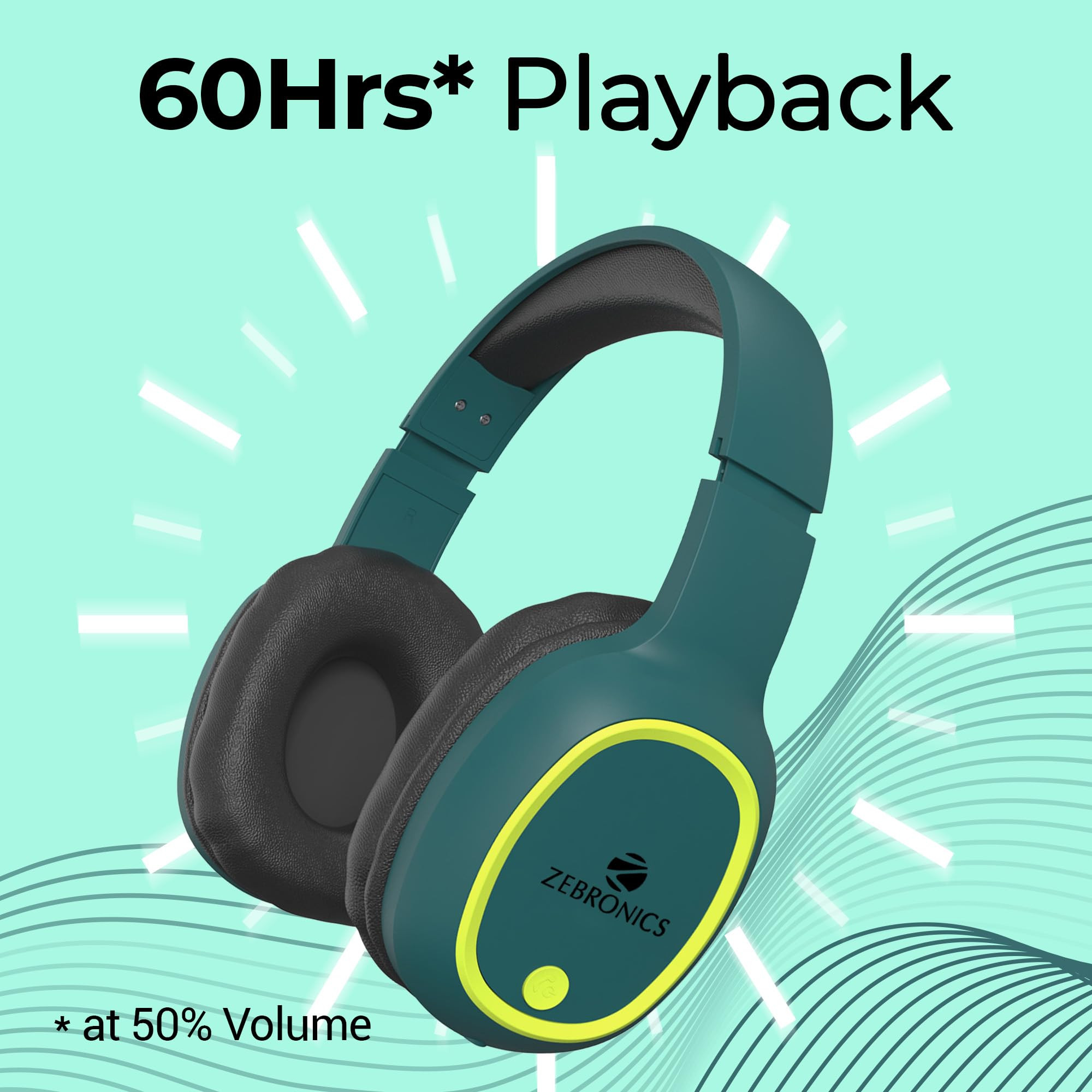 ZEBRONICS Thunder Bluetooth 53 Wireless Over Ear Headphones with 60H Backup Gaming Mode Dual Pairing Enc Aux Micro Sd Voice Assistant Comfortable Earcups Call Function Teal Green