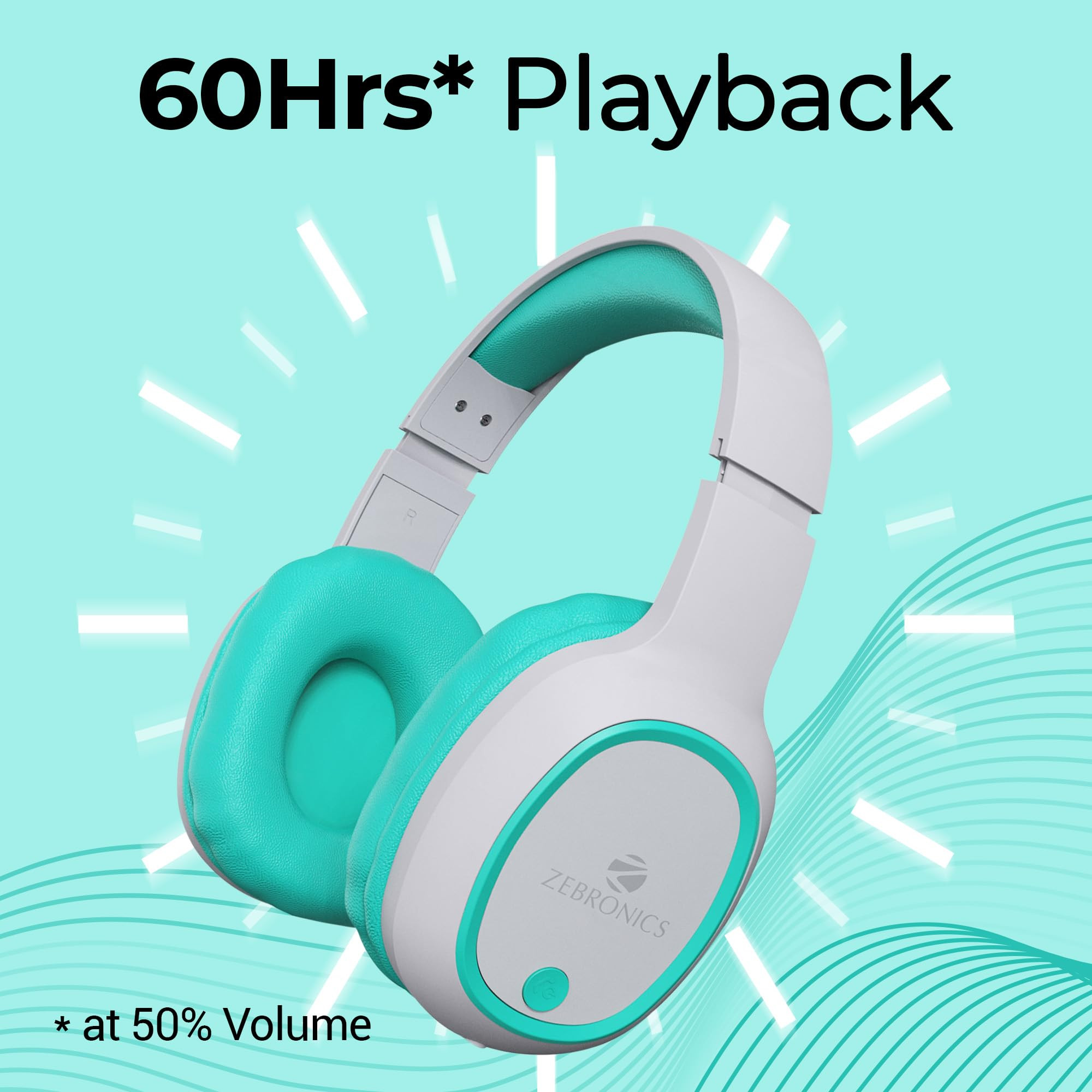 ZEBRONICS Thunder Bluetooth 53 Wireless Over Ear Headphones with 60H Backup Gaming Mode Dual Pairing Enc Aux Micro Sd Voice Assistant Comfortable Earcups Call Function Sea Green