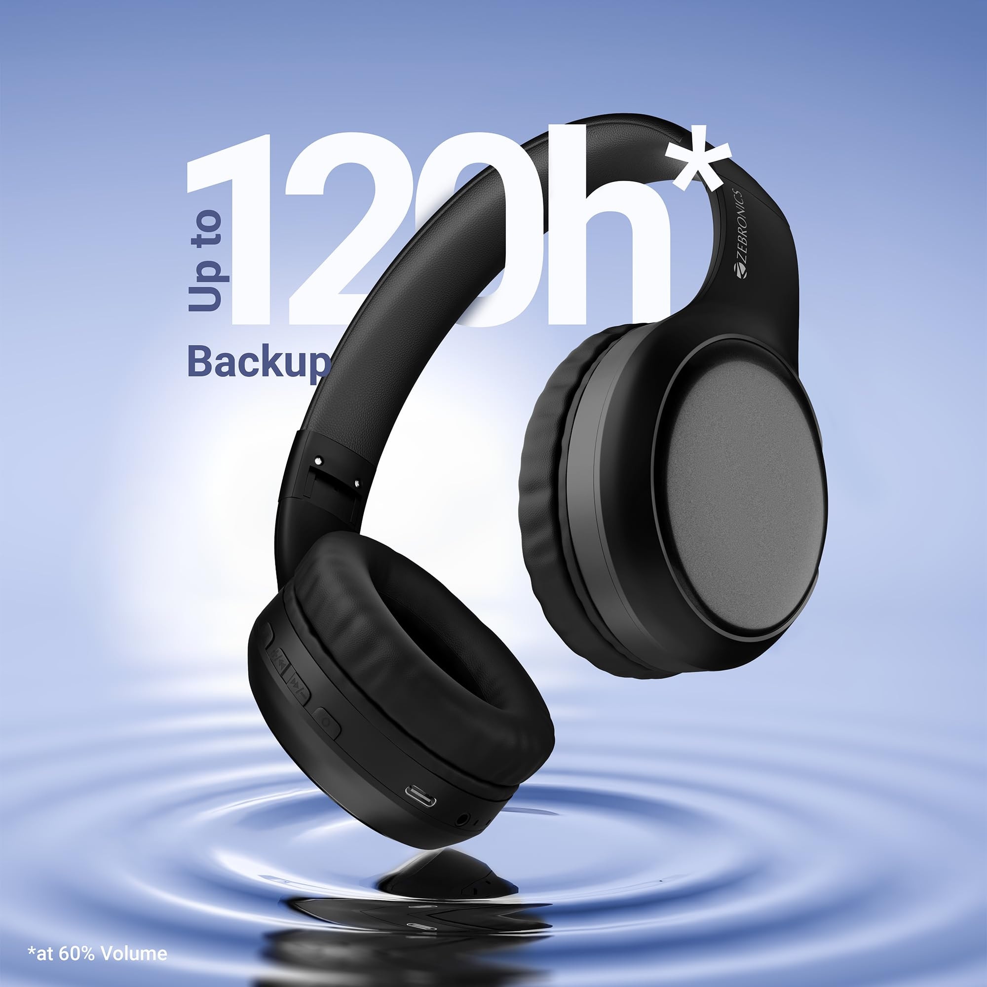 ZEBRONICS Thunder Max Bluetooth Over Ear Headphone with 120Hrs Playback 3 EQ Modes 40mm Bass Driver Fast Charging Gaming Mode Dual Pairing BT v54 AUX Metallic Finish Black