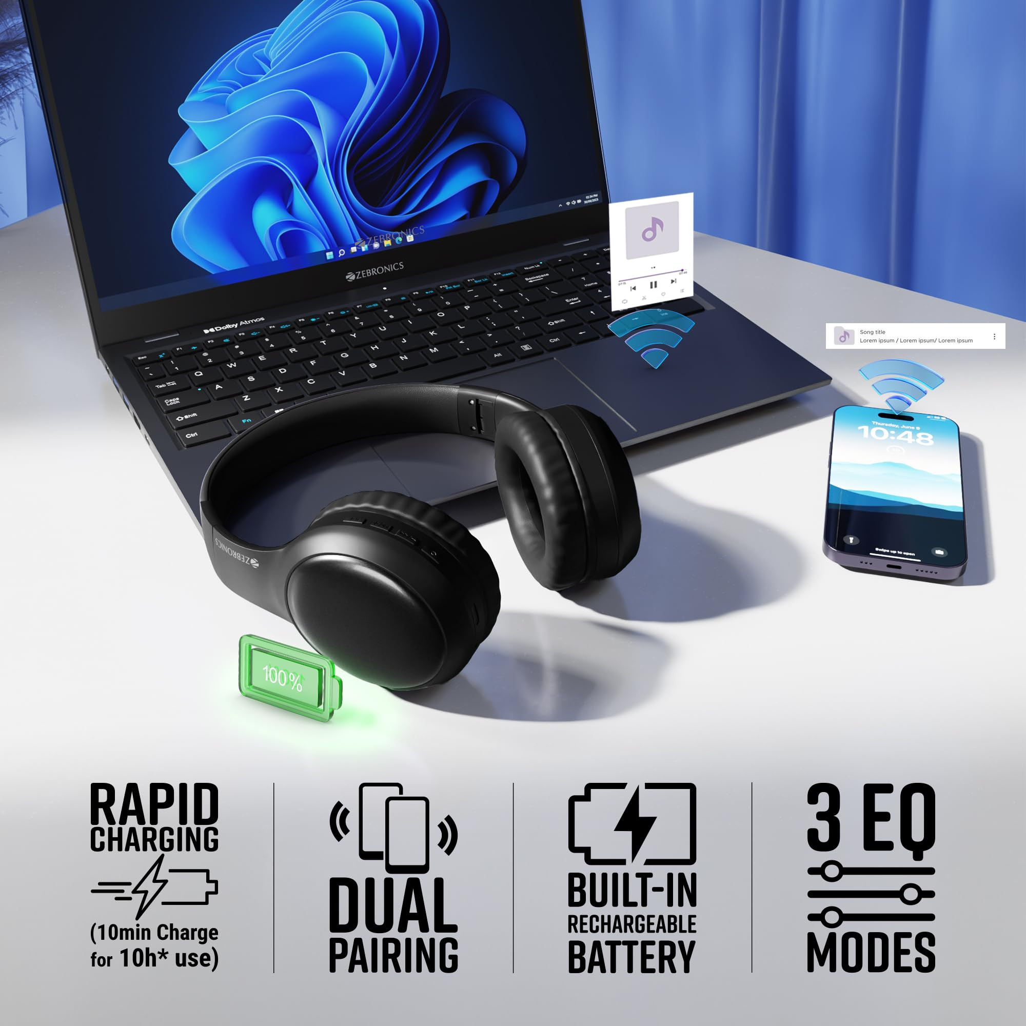 ZEBRONICS Thunder Max Bluetooth Over Ear Headphone with 120Hrs Playback 3 EQ Modes 40mm Bass Driver Fast Charging Gaming Mode Dual Pairing BT v54 AUX Metallic Finish Black