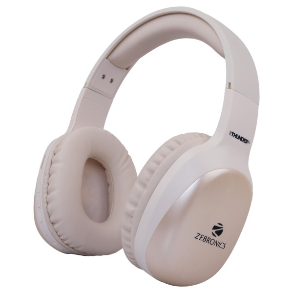 Image of ZEBRONICS Thunder PRO Over Ear Wireless Headphone with Dual Pairing, Gaming Mode, ENC, Bluetooth, Call Function, Aux, Micro SD, Voice Assistant, Deep Bass, Up to 60h Backup (Beige)