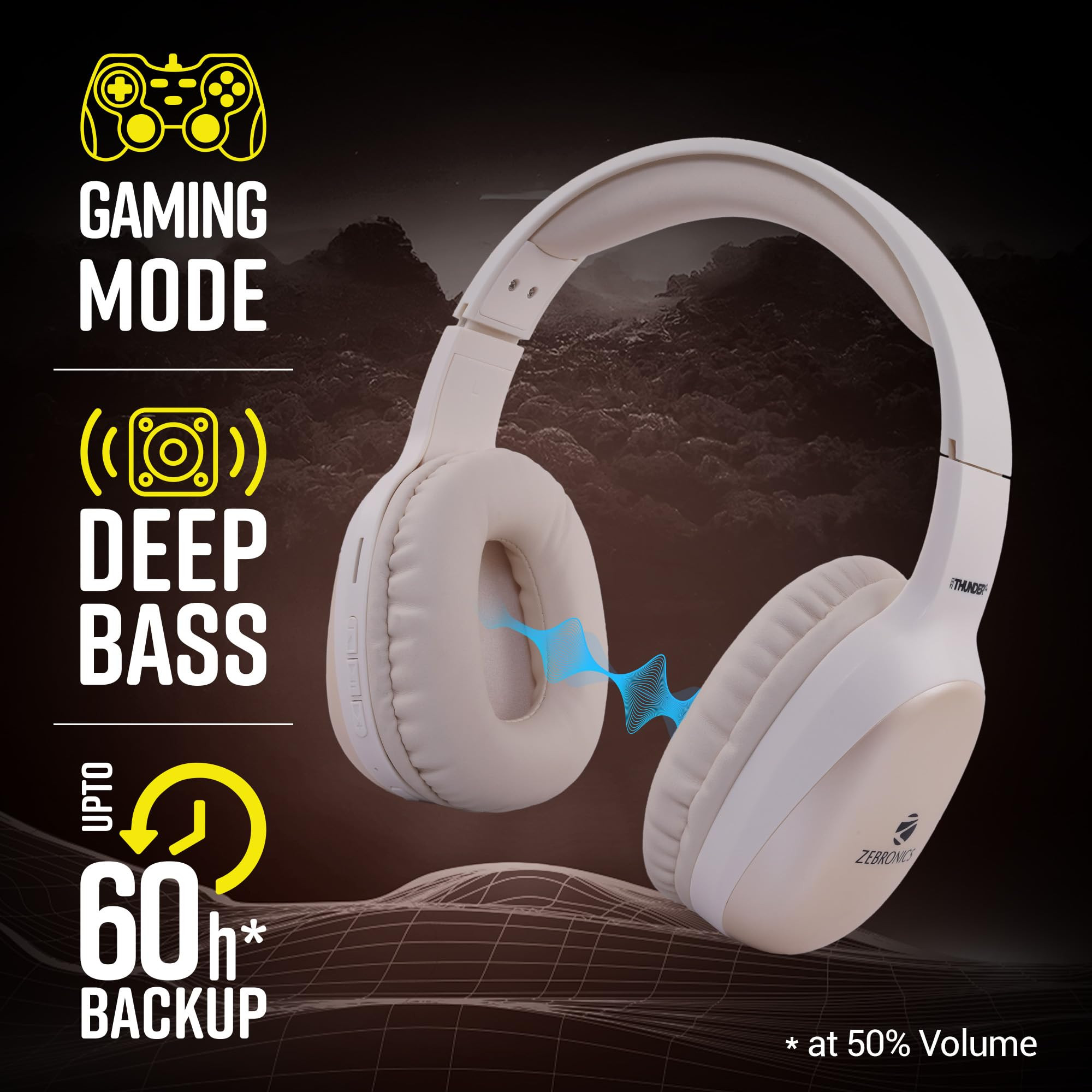 ZEBRONICS Thunder PRO Over Ear Wireless Headphone with Dual Pairing Gaming Mode ENC Bluetooth Call Function Aux Micro SD Voice Assistant Deep Bass Up to 60h Backup Beige
