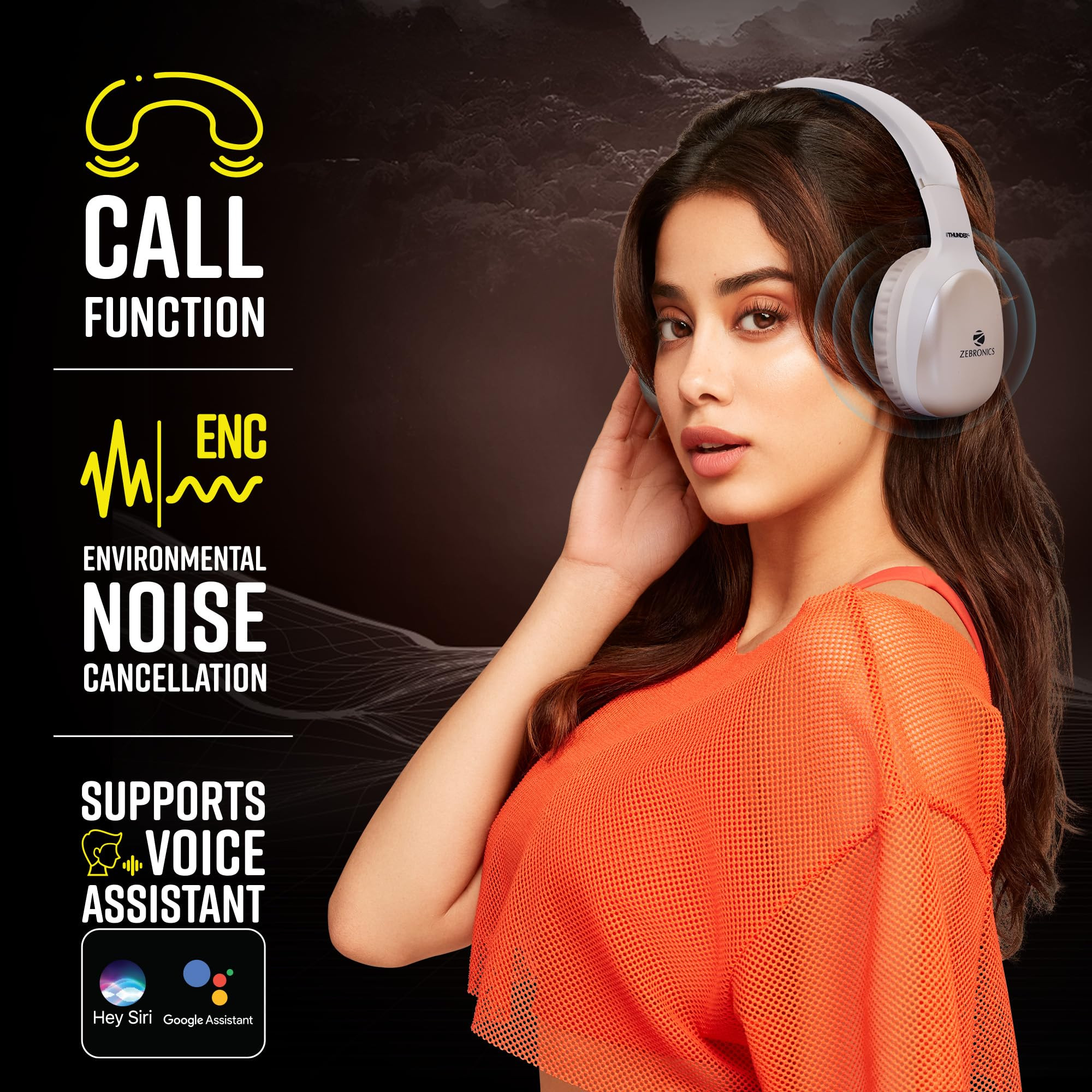 ZEBRONICS Thunder PRO Over Ear Wireless Headphone with Dual Pairing Gaming Mode ENC Bluetooth Call Function Aux Micro SD Voice Assistant Deep Bass Up to 60h Backup Beige