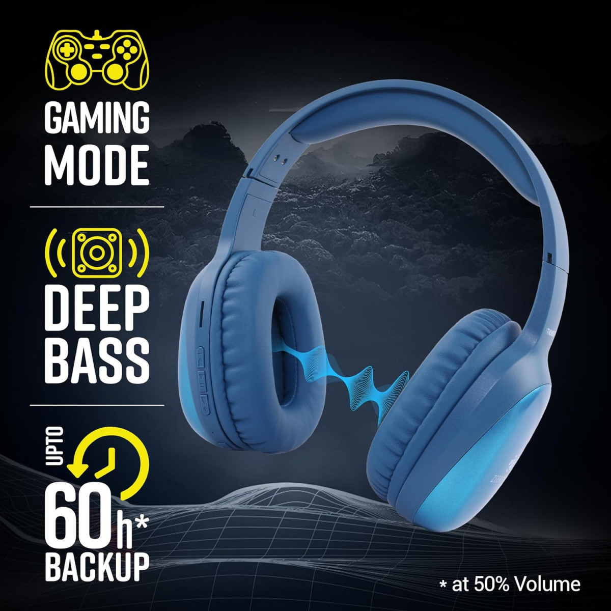 ZEBRONICS Thunder PRO Wireless Headphone with Dual Pairing Blue