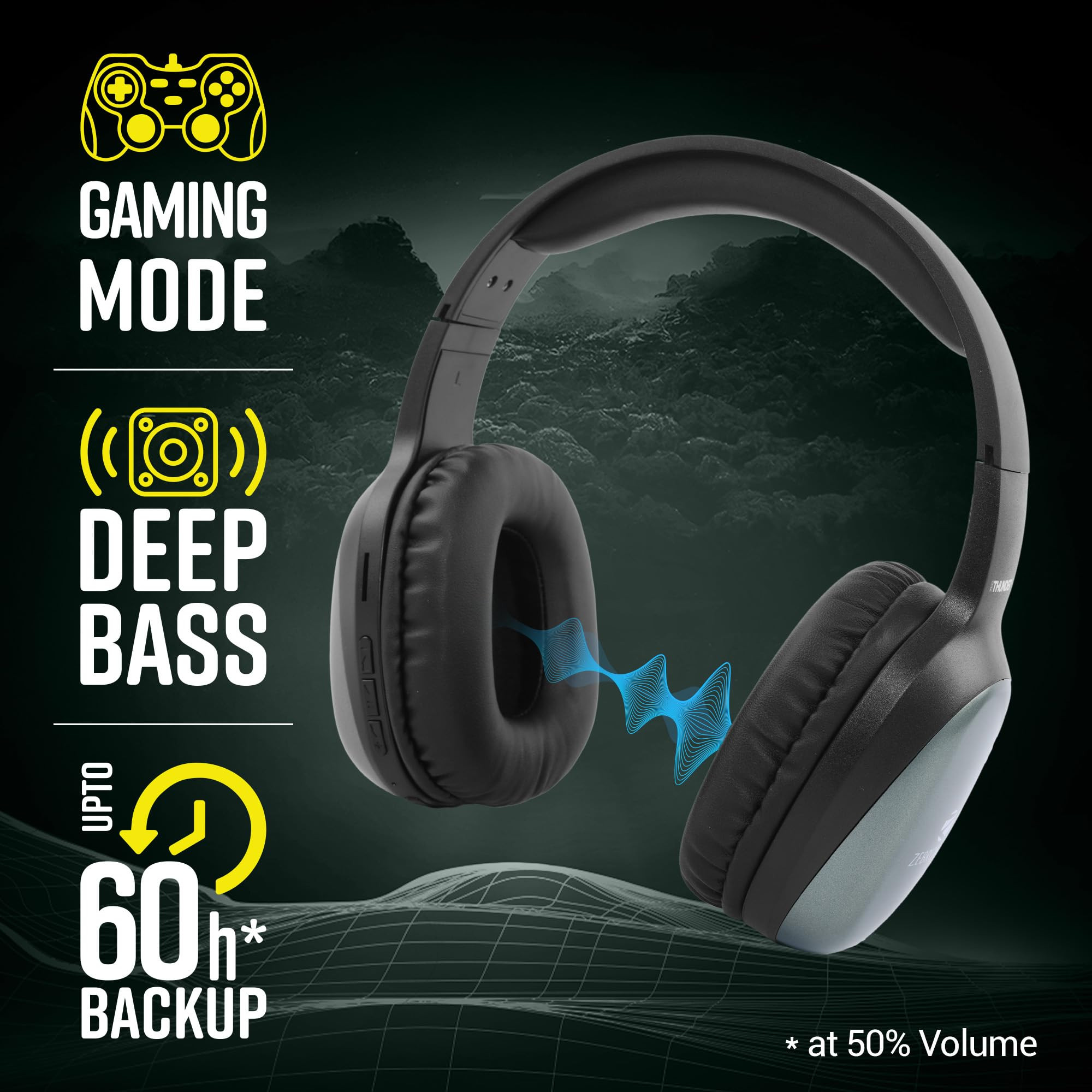 ZEBRONICS Thunder Pro Wireless Over Ear Headphone with Dual Pairing Gaming Mode Enc Bluetooth Call Function Aux Micro Sd Voice Assistant Deep Bass Up to 60H Backup Olive Green