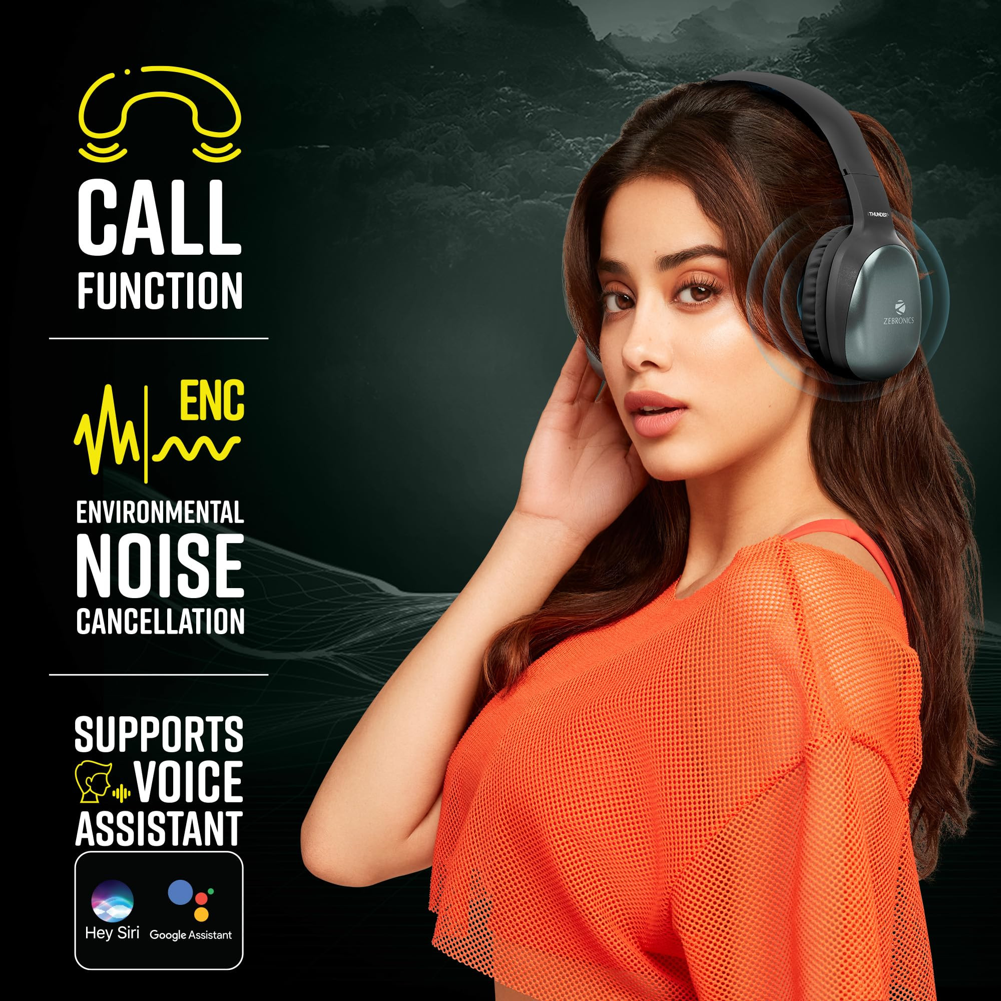 ZEBRONICS Thunder Pro Wireless Over Ear Headphone with Dual Pairing Gaming Mode Enc Bluetooth Call Function Aux Micro Sd Voice Assistant Deep Bass Up to 60H Backup Olive Green