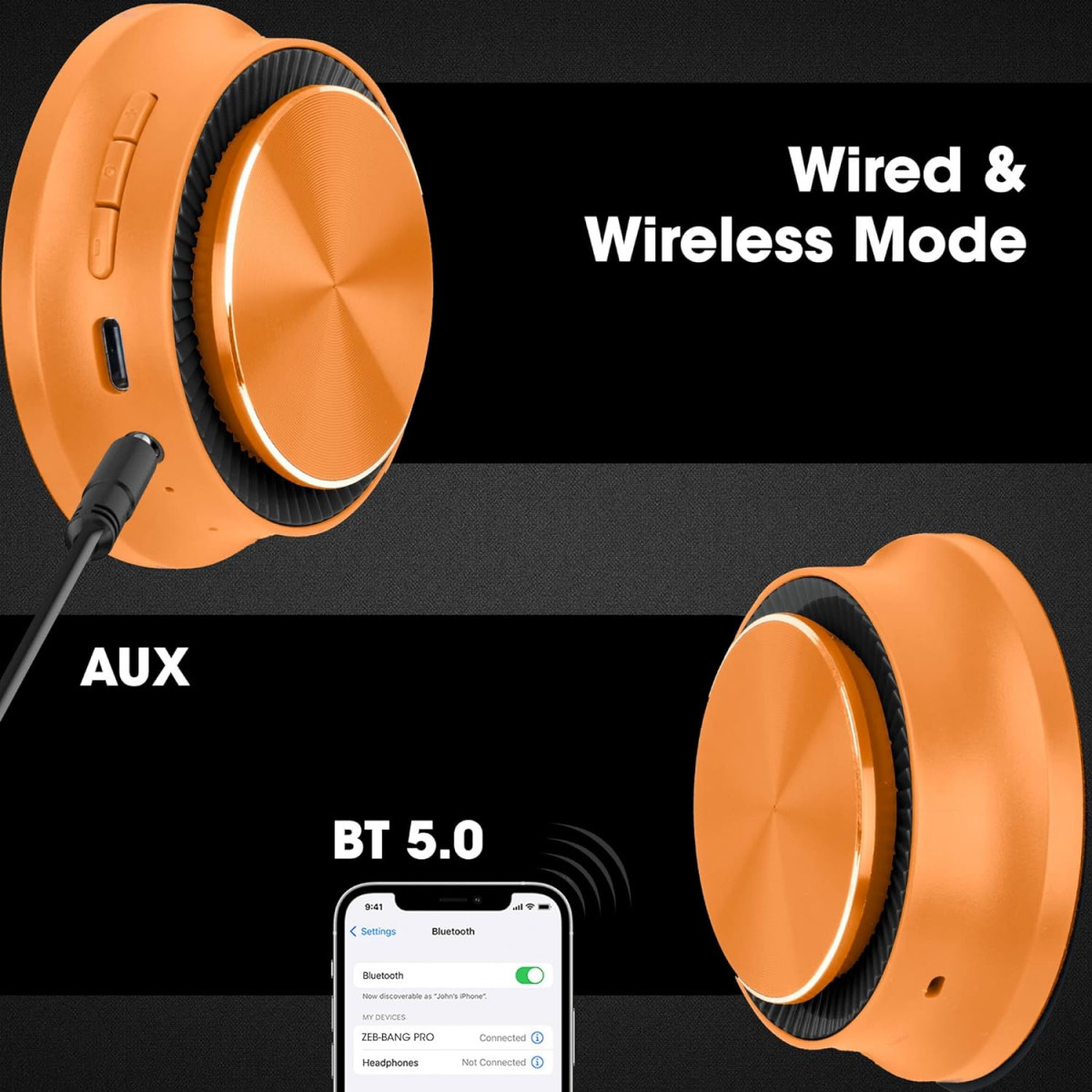 ZEBRONICS Zeb-Bang Pro Bluetooth Wireless On Ear Headphones with Mic V50 Orange