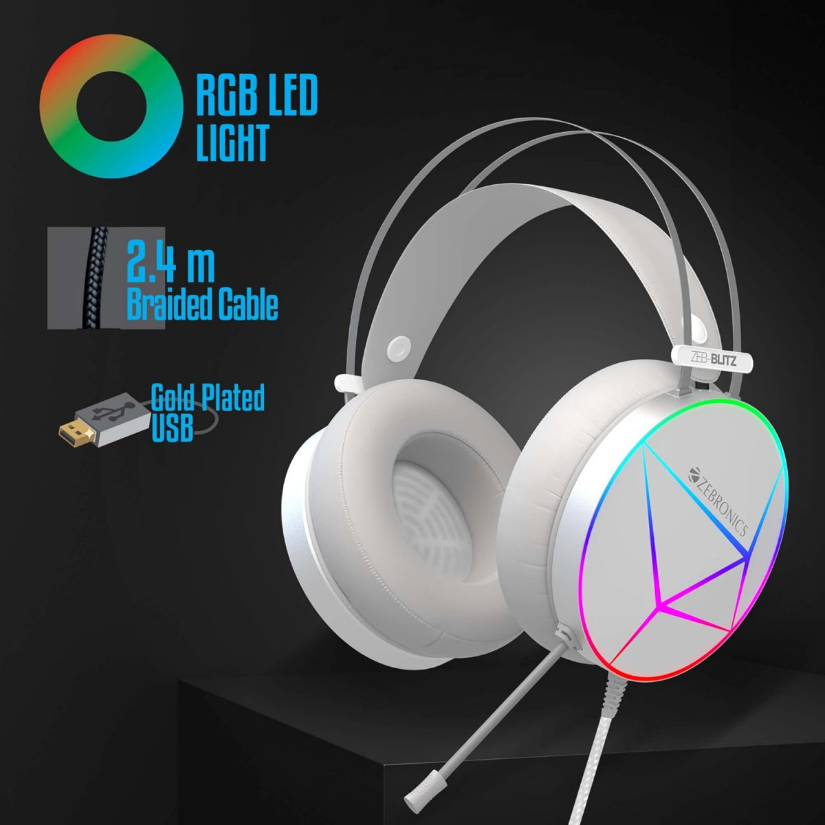 Zebronics Zeb-Blitz USB Gaming Wired Over Ear Headphones White