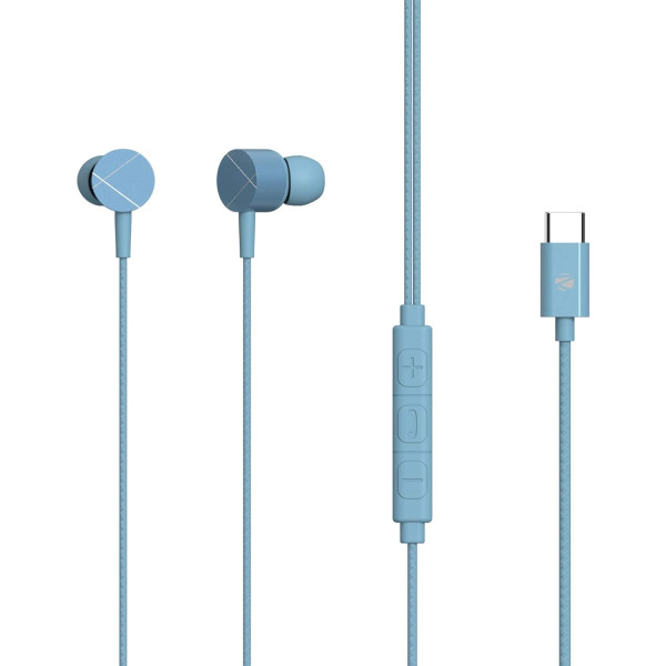 Image of ZEBRONICS Zeb Buds C2 in Ear Type C Wired Earphones with Mic, Braided 1.2 Metre Cable, Metallic Design, 10mm Drivers, in Line Mic &amp; Volume Controller (Blue)