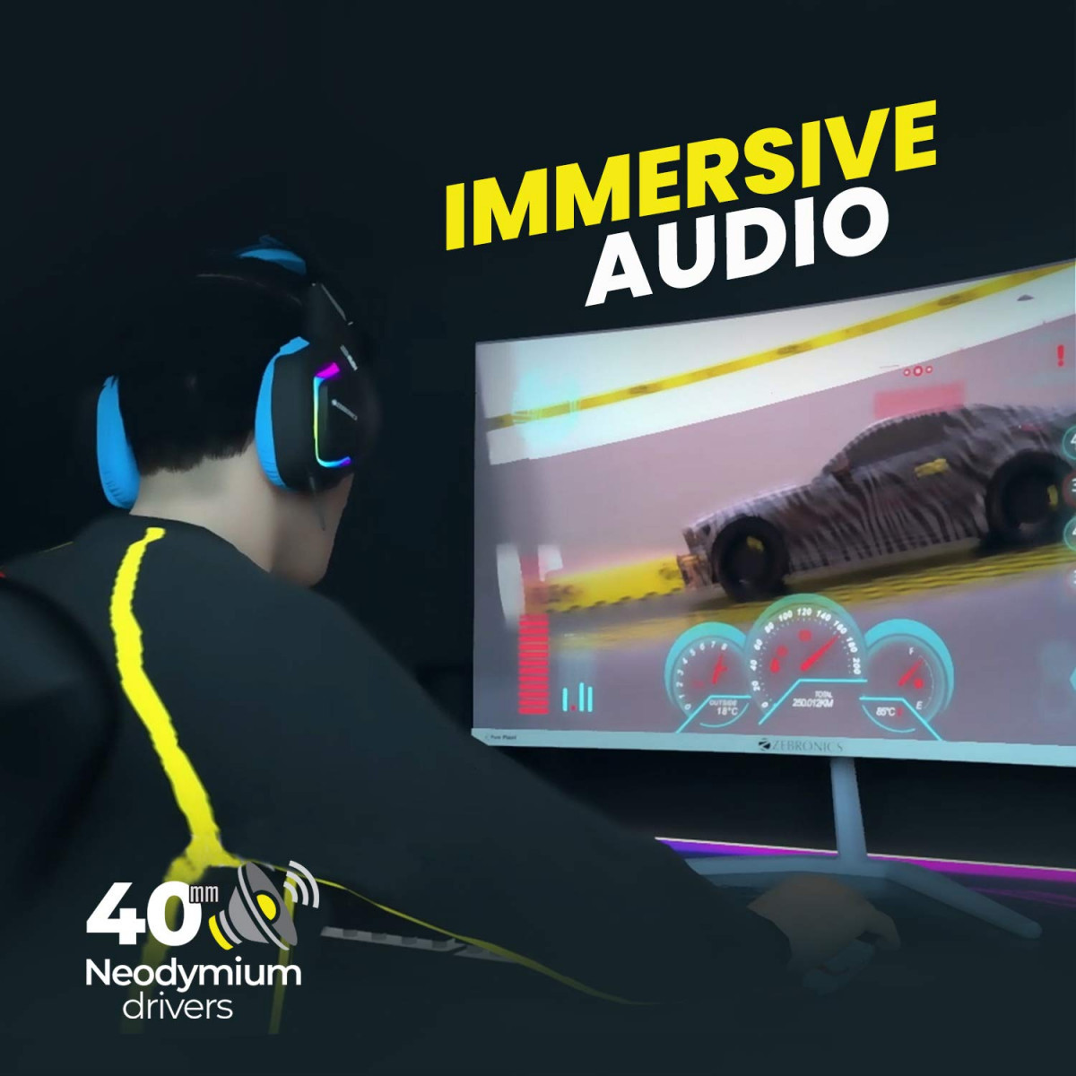 Zebronics Zeb-Rush Premium Wired Gaming On Ear Headphone with RGB LEDs Blue