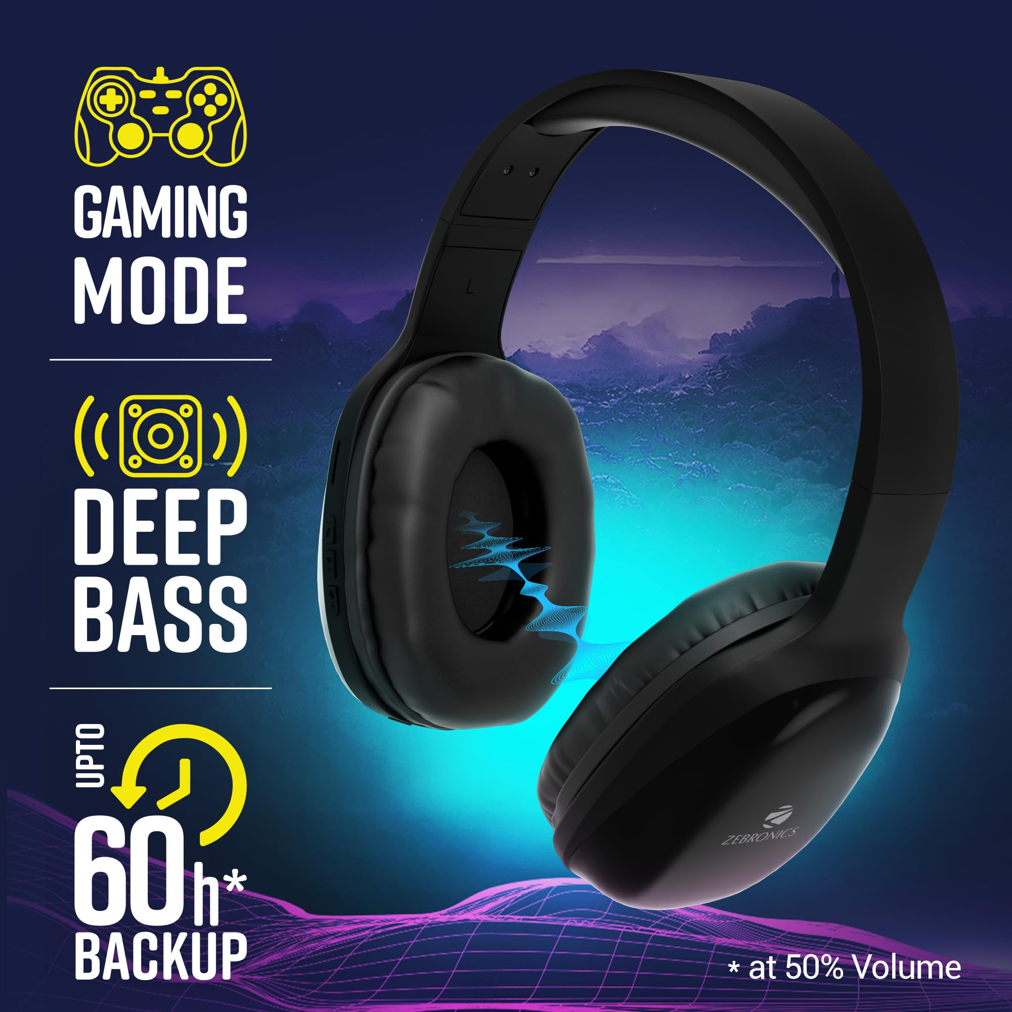 ZEBRONICS Zeb-Thunder PRO On-Ear Wireless Headphone Up to 60 Hours Playback Wired Mode USB-C Type ChargingBlack