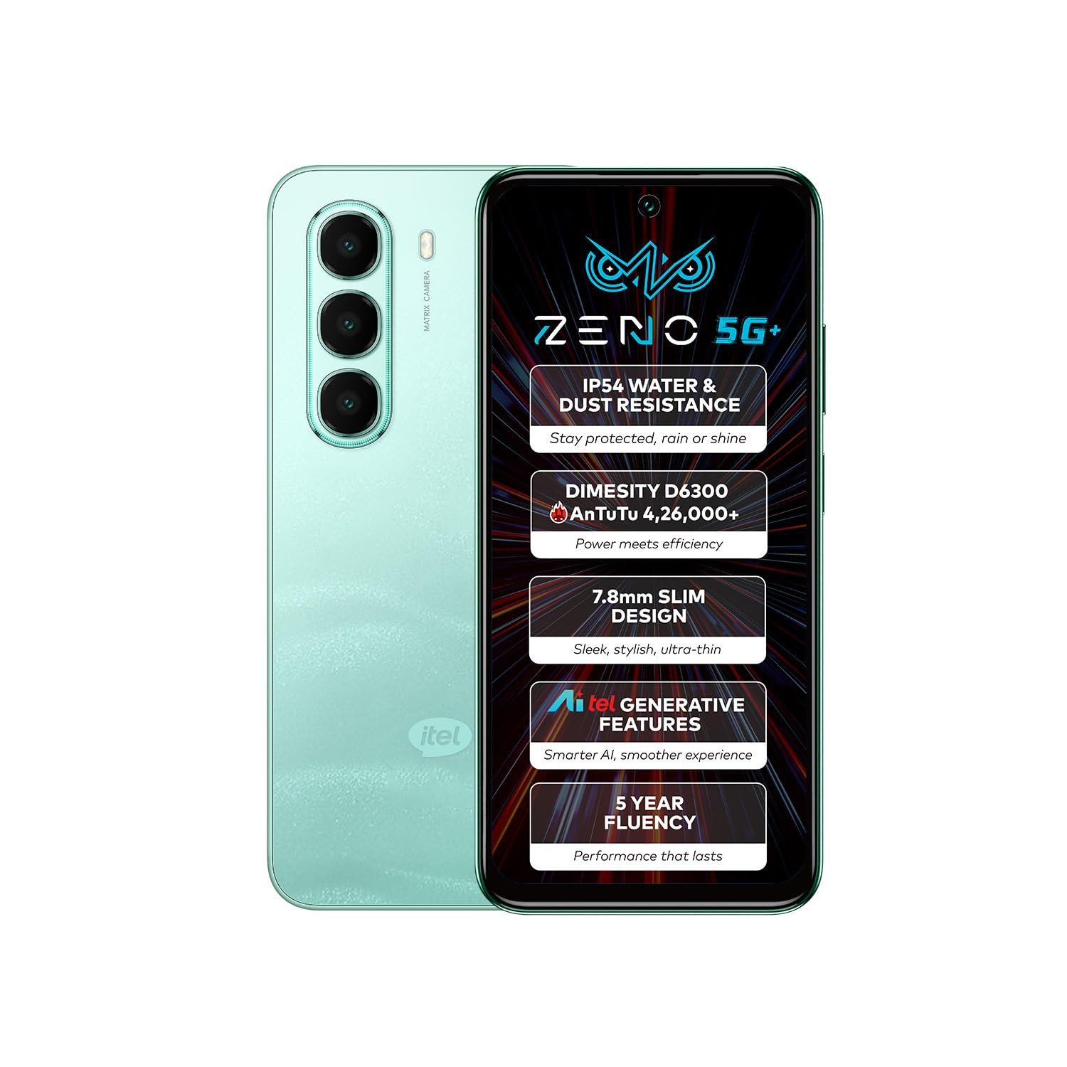 ZENO 5G AI Smartphone 4GB RAM 128GB ROM IP54 Rated for Dust Water Resistance D6300 5G Processor 67 HD 120Hz Punch-Hole Display 50MP Camera 5-Year Fluency Wave Green