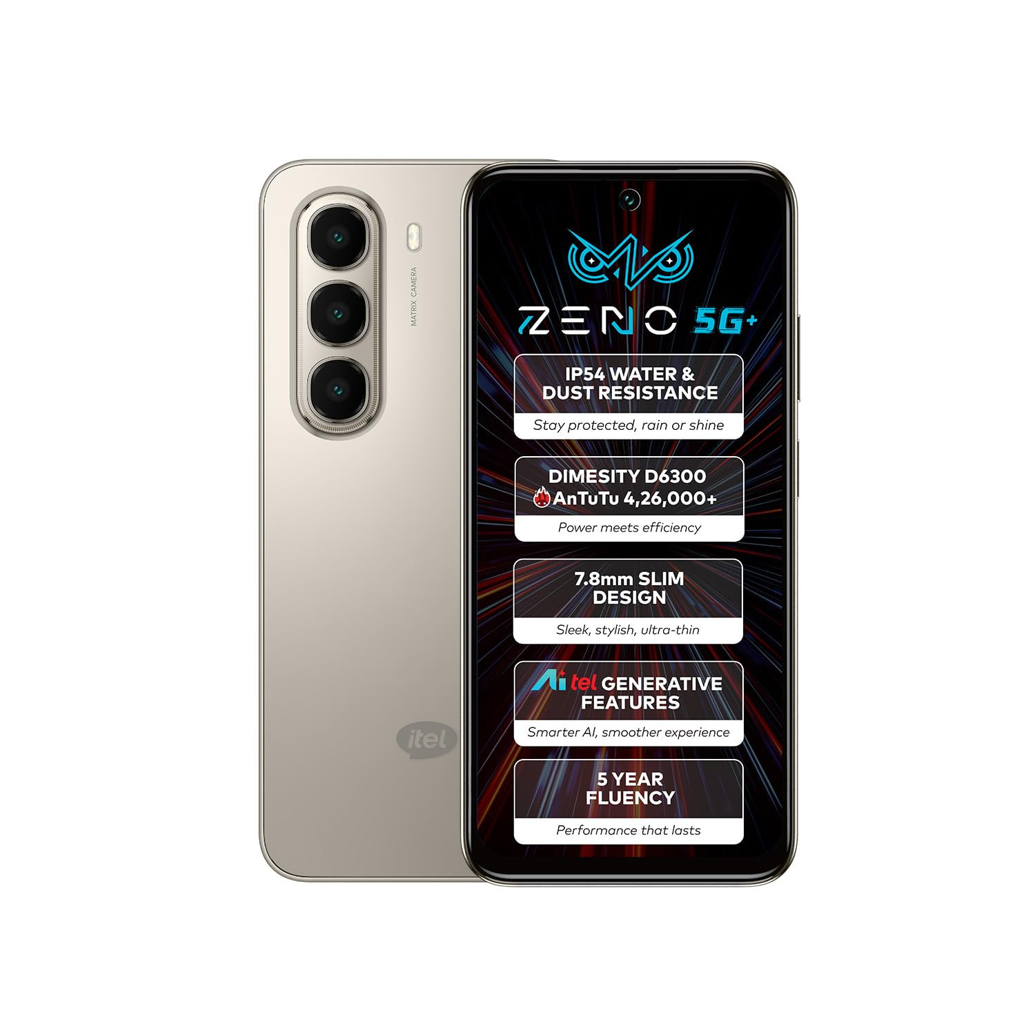 ZENO 5G AI Smartphone  4GB RAM 128GB ROM  IP54 Rated for Dust  Water Resistance  D6300 5G Processor  67 HD 120Hz Punch-Hole Display  50MP Camera  5-Year Fluency  Calx Titanium