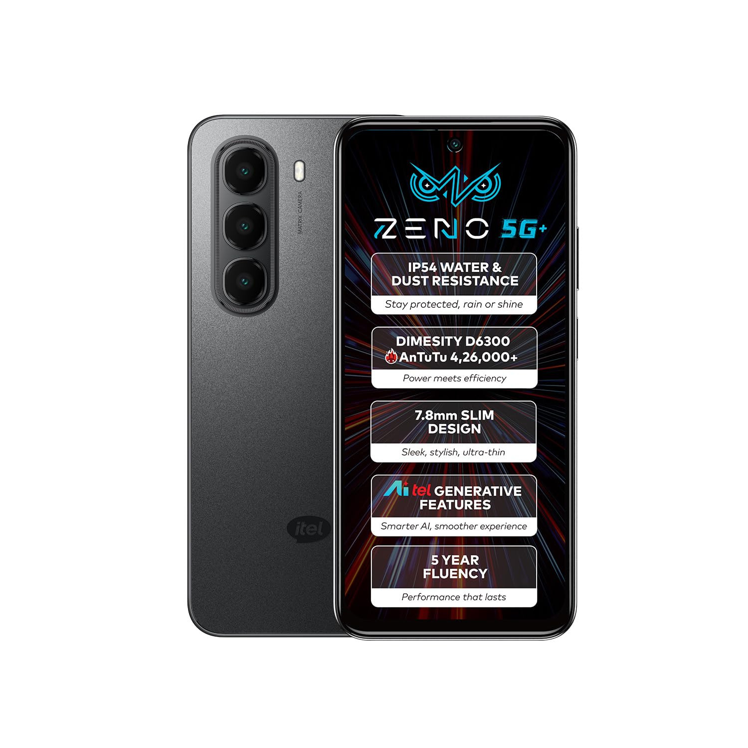 ZENO 5G AI Smartphone  4GB RAM 128GB ROM  IP54 Rated for Dust  Water Resistance  D6300 5G Processor  67 HD 120Hz Punch-Hole Display  50MP Camera  5-Year Fluency  Shadow Black